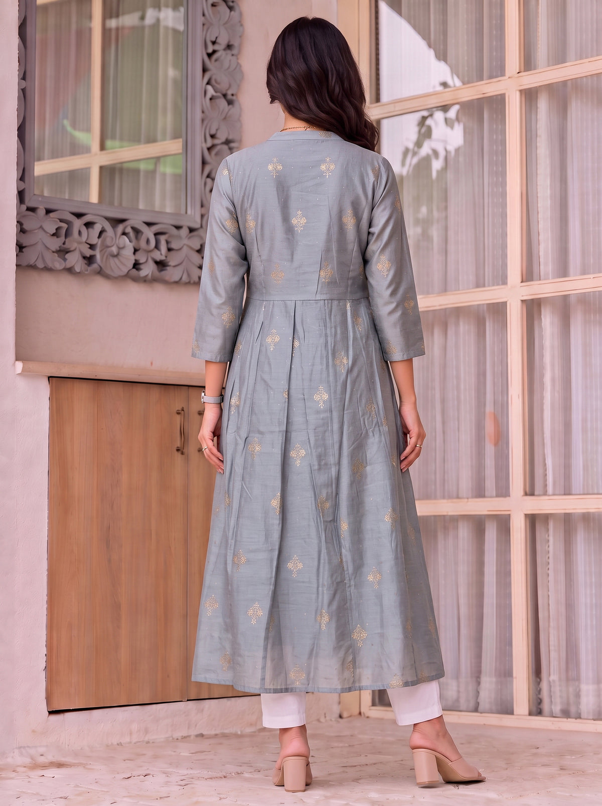 Buy Viscose Printed Flared Calf Length Kurta-Blue