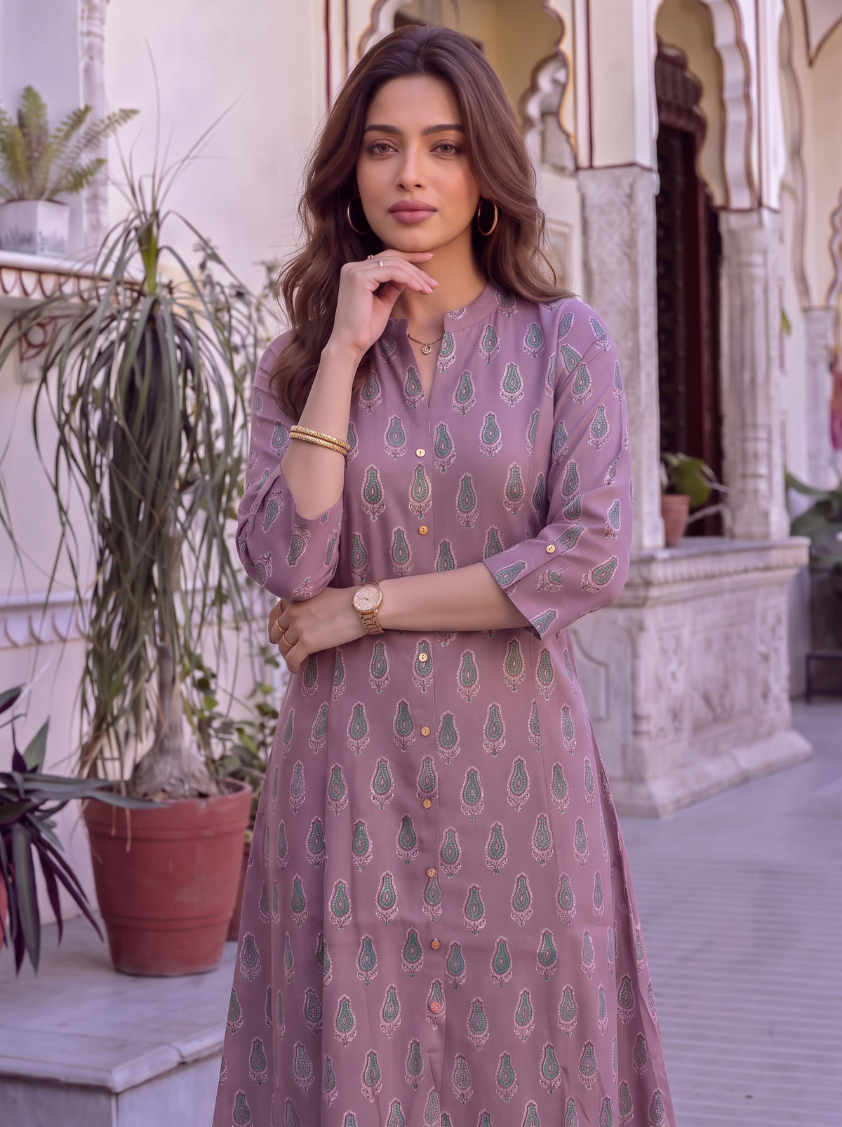 Buy Viscose Printed A-Line Calf Length Kurta With Pant-Purple