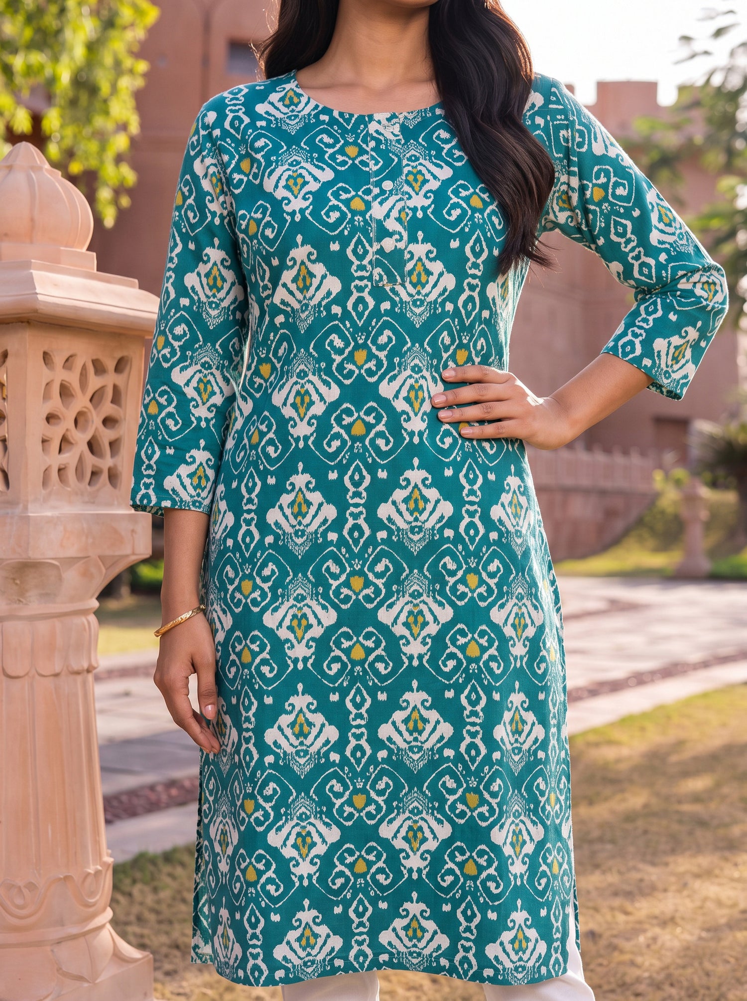 Buy Rayon Printed Straight Knee Length Kurta-Green