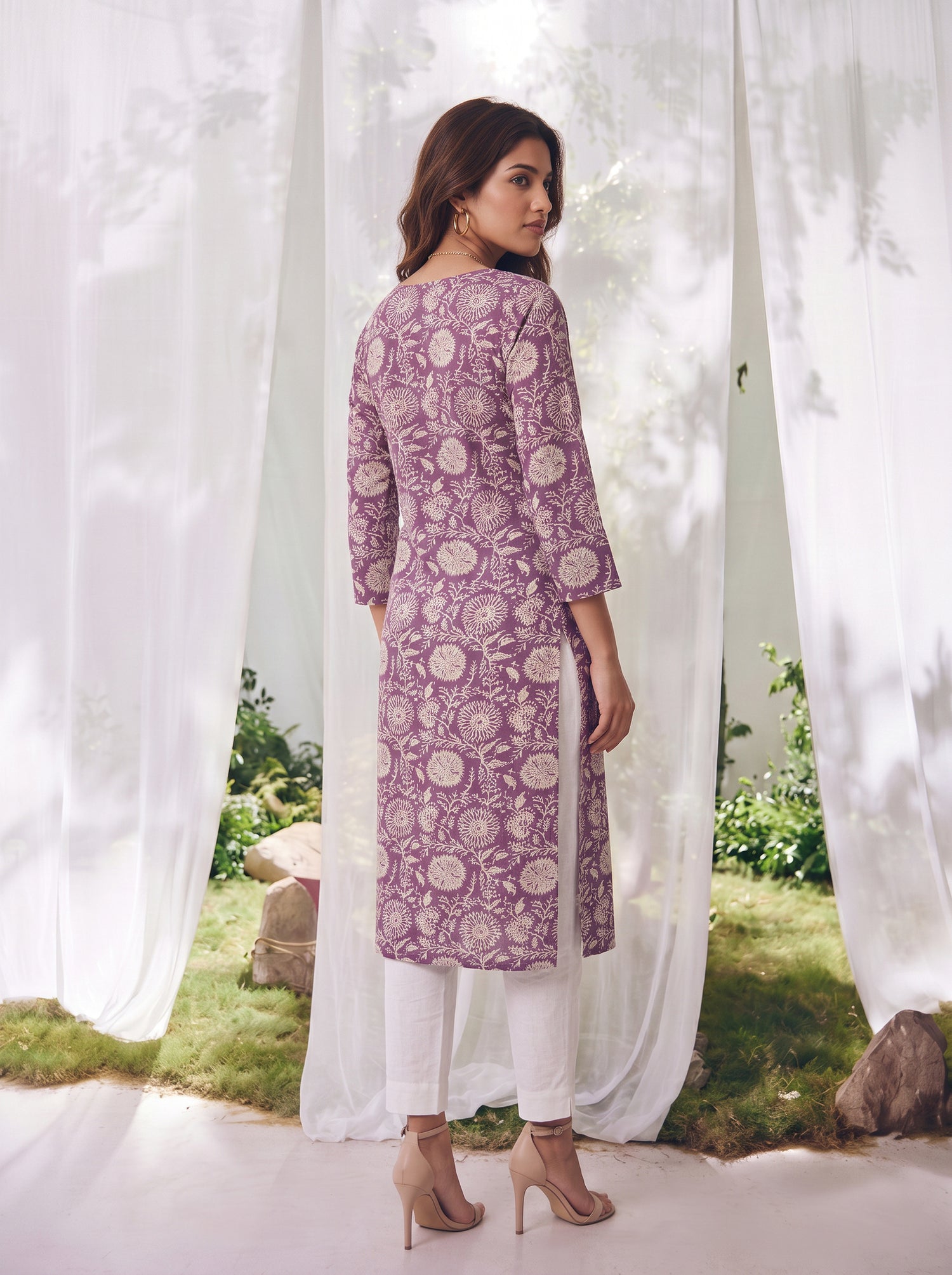 Buy Cotton Printed Straight Calf Length Kurta-Purple