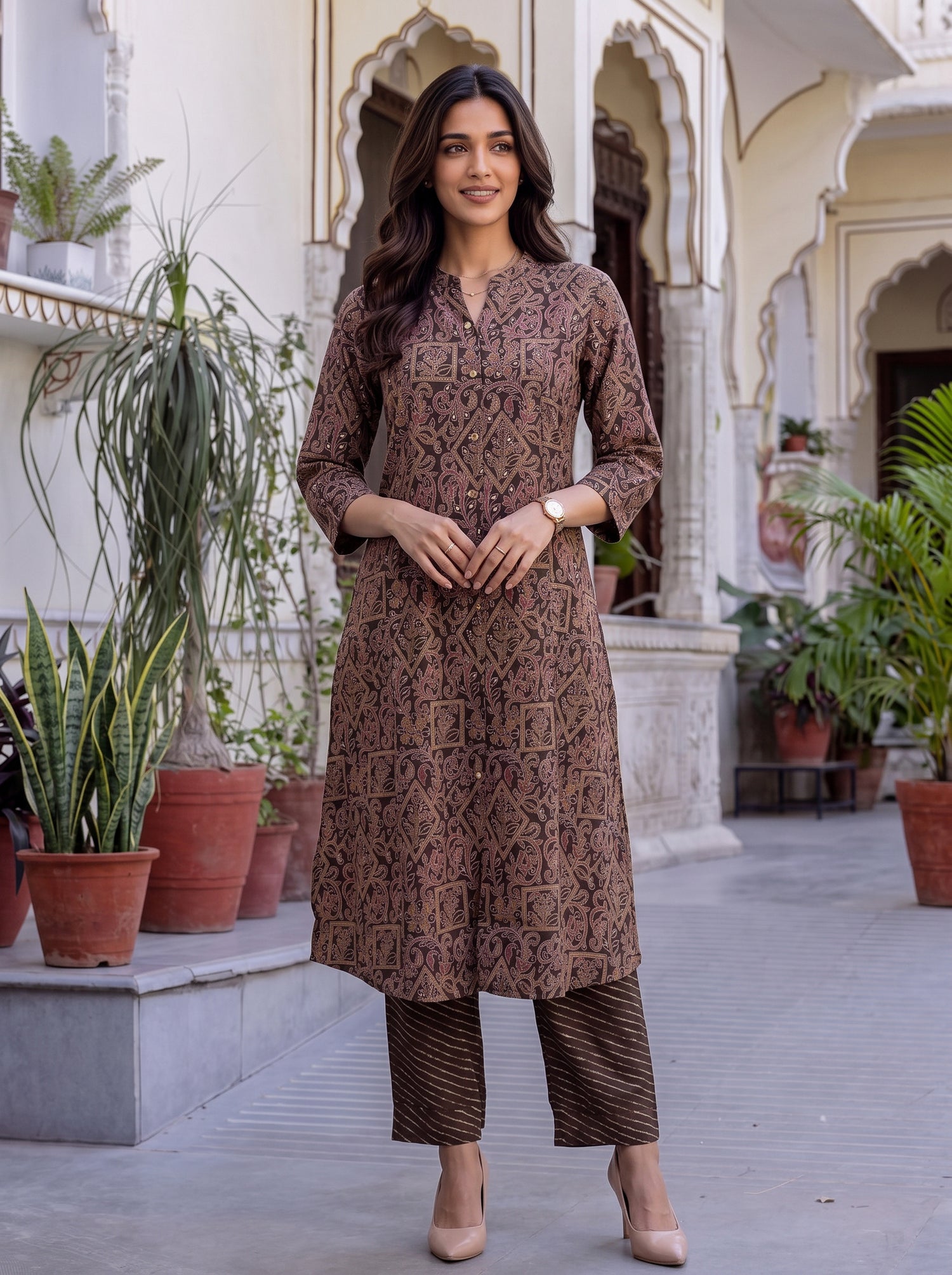 Buy Viscose Printed A-Line Calf Length Kurta With Pant-Brown