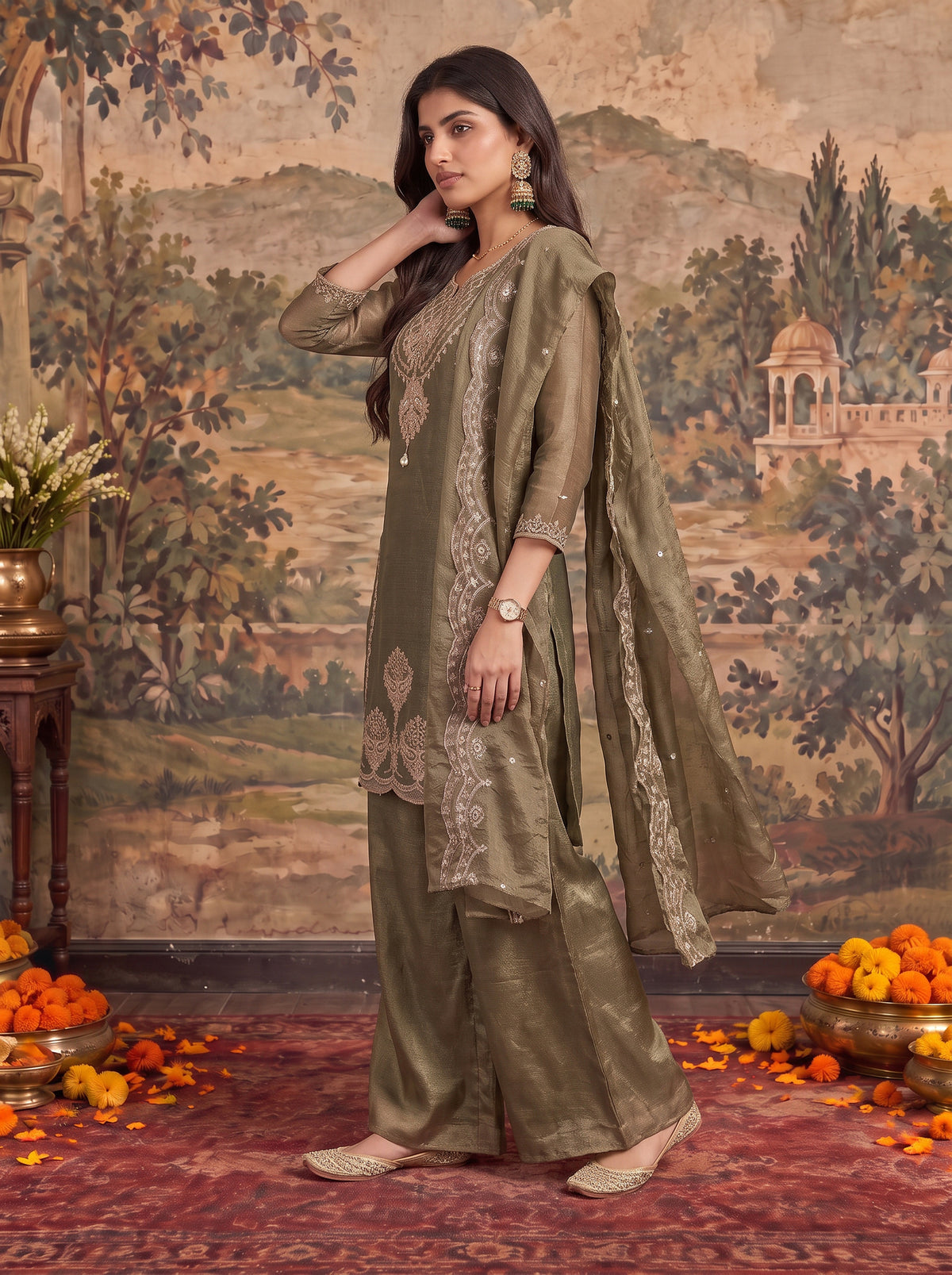 Viscose Embroidered Straight Knee Length Kurta With Pant and Dupatta
