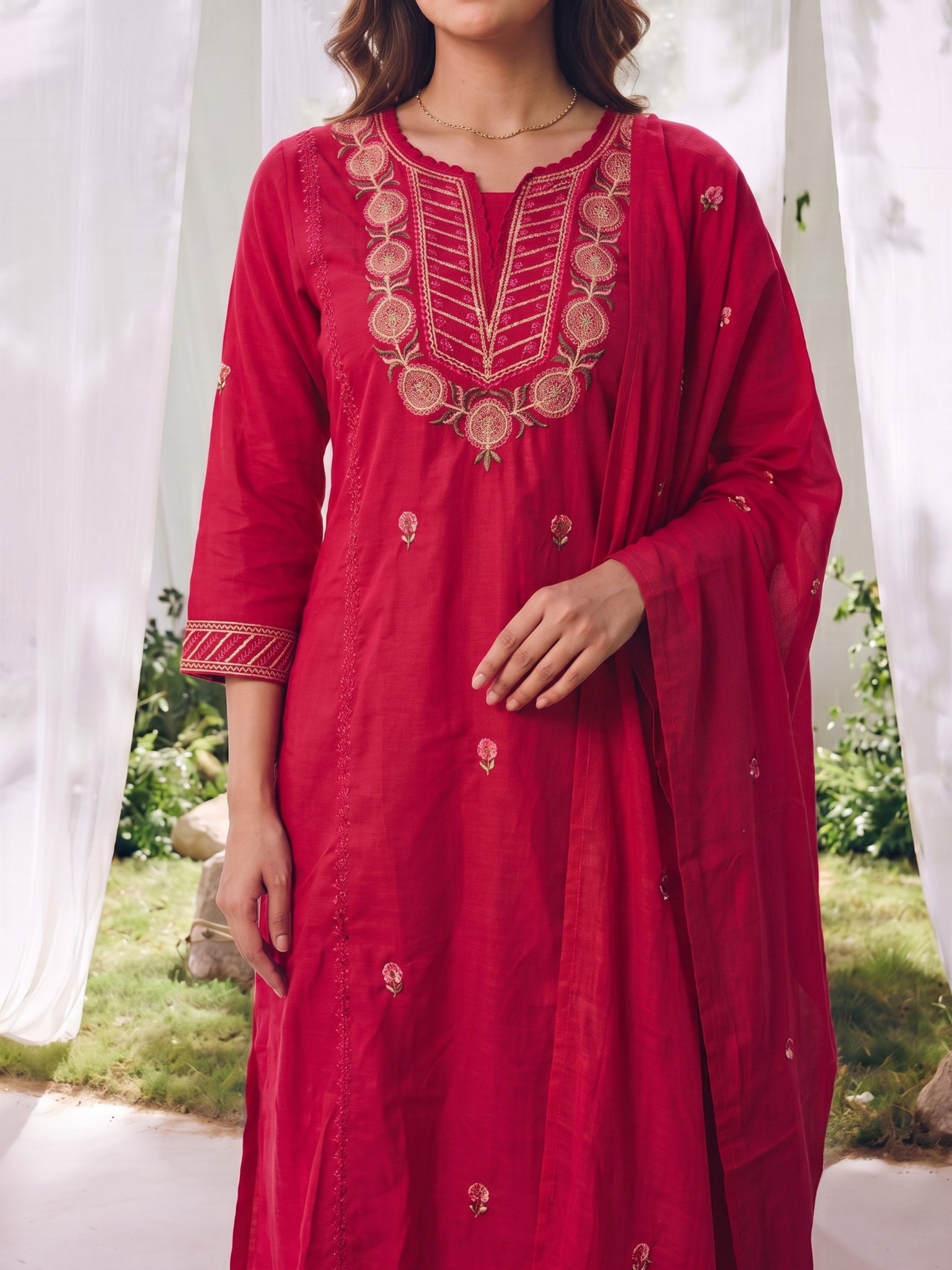 Cotton Embroidered A-Line Calf Length Kurta With Pant