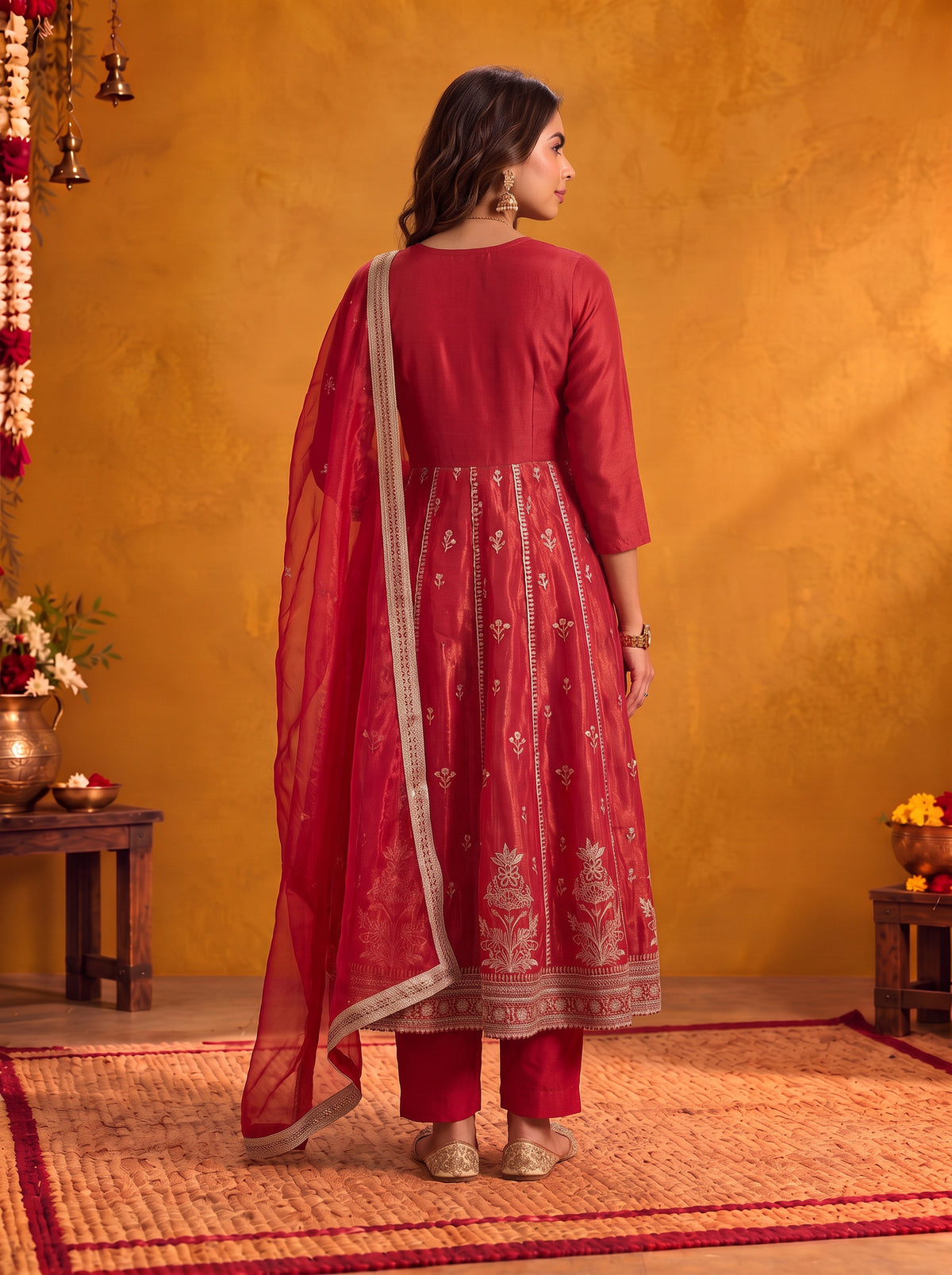 Buy Viscose Embroidered Flared Calf Length Kurta With Pant and Dupatta-Fuchsia