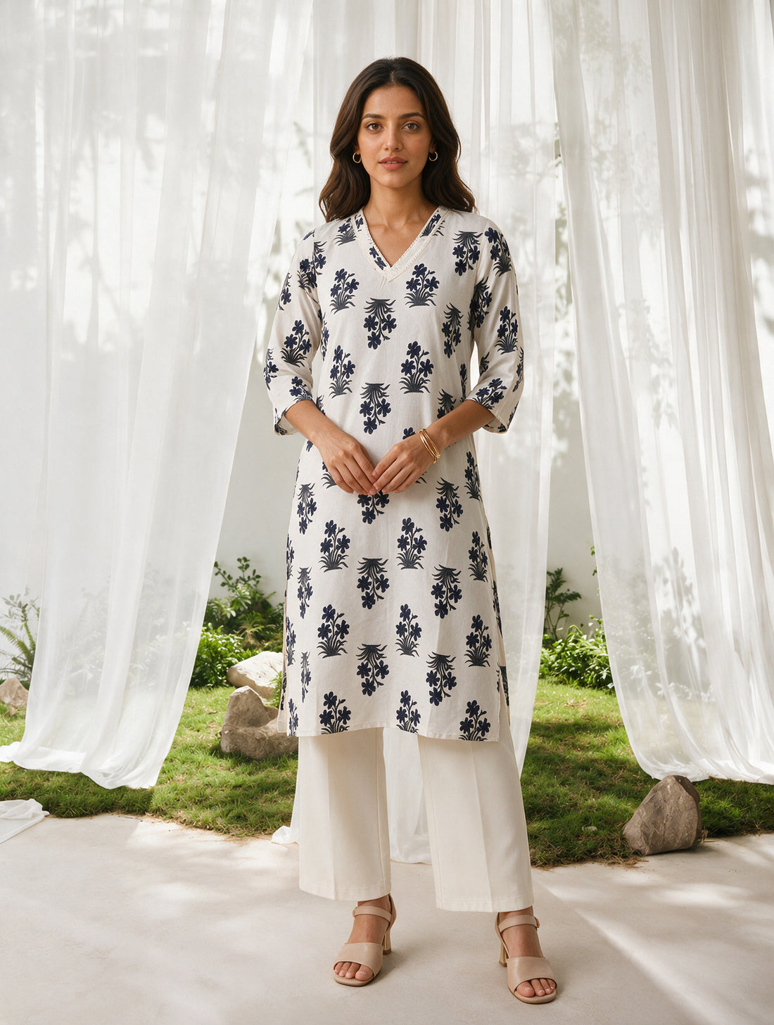 Buy Rayon Printed Straight Knee Length Kurta-Blue
