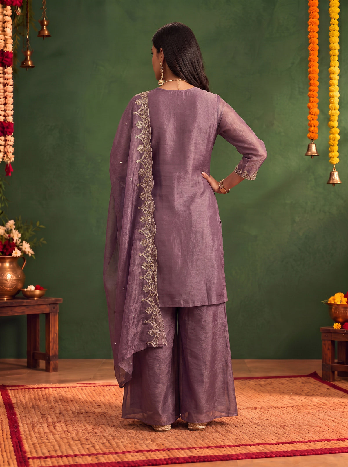 Buy Viscose Embroidered Straight Knee Length Kurta With Pant and Dupatta-Mauve