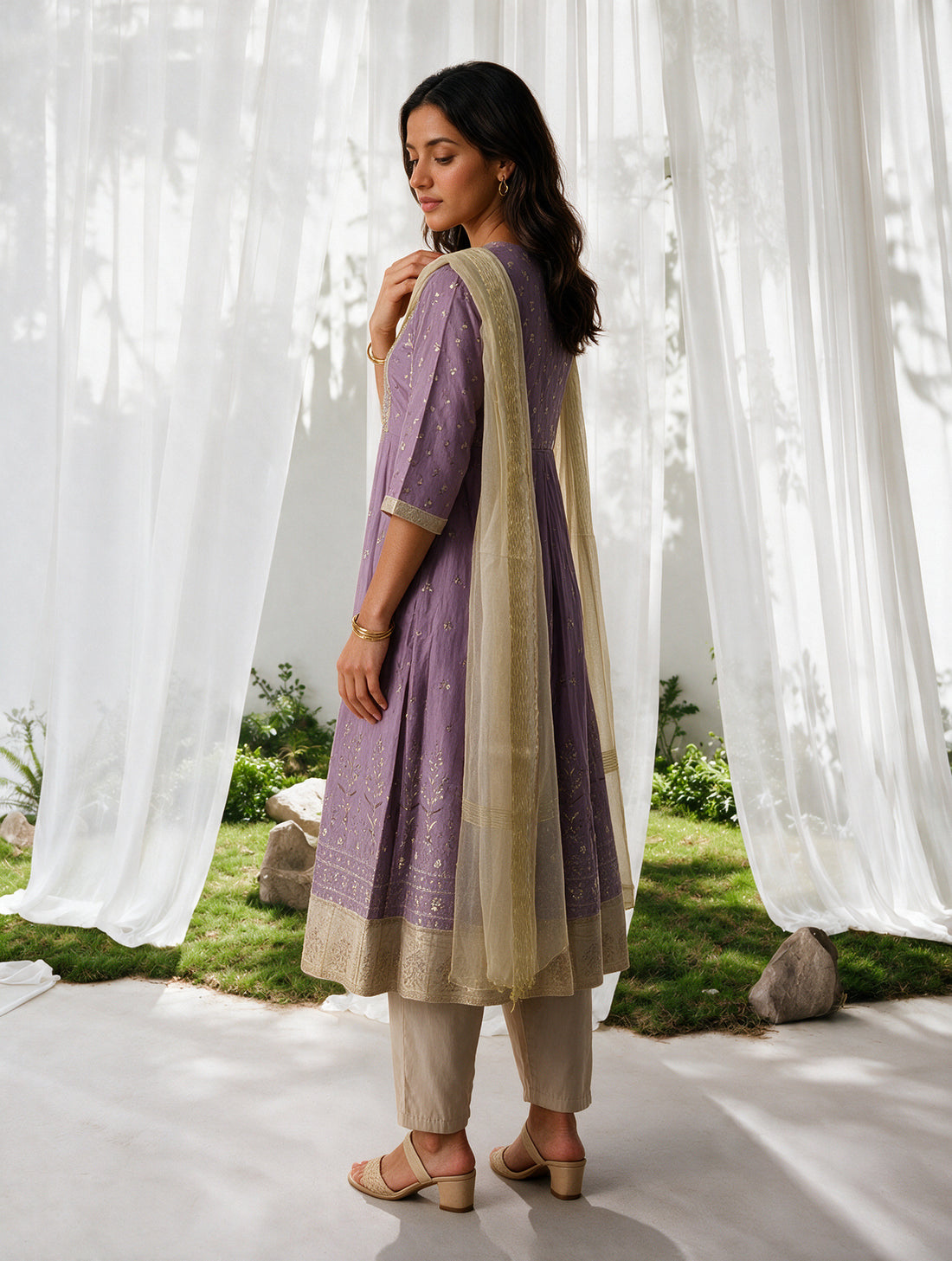 Buy Viscose Embroidered Flared Calf Length Kurta With Pant and Dupatta-Mauve