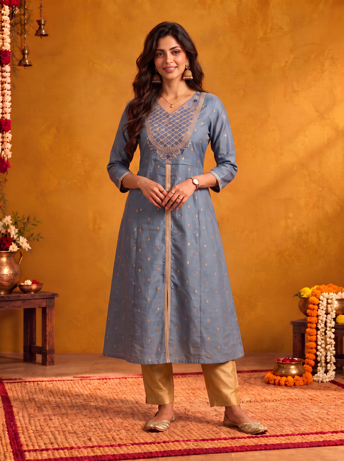 Buy Viscose Embroidered A-Line Calf Length Kurta-Slate Blue