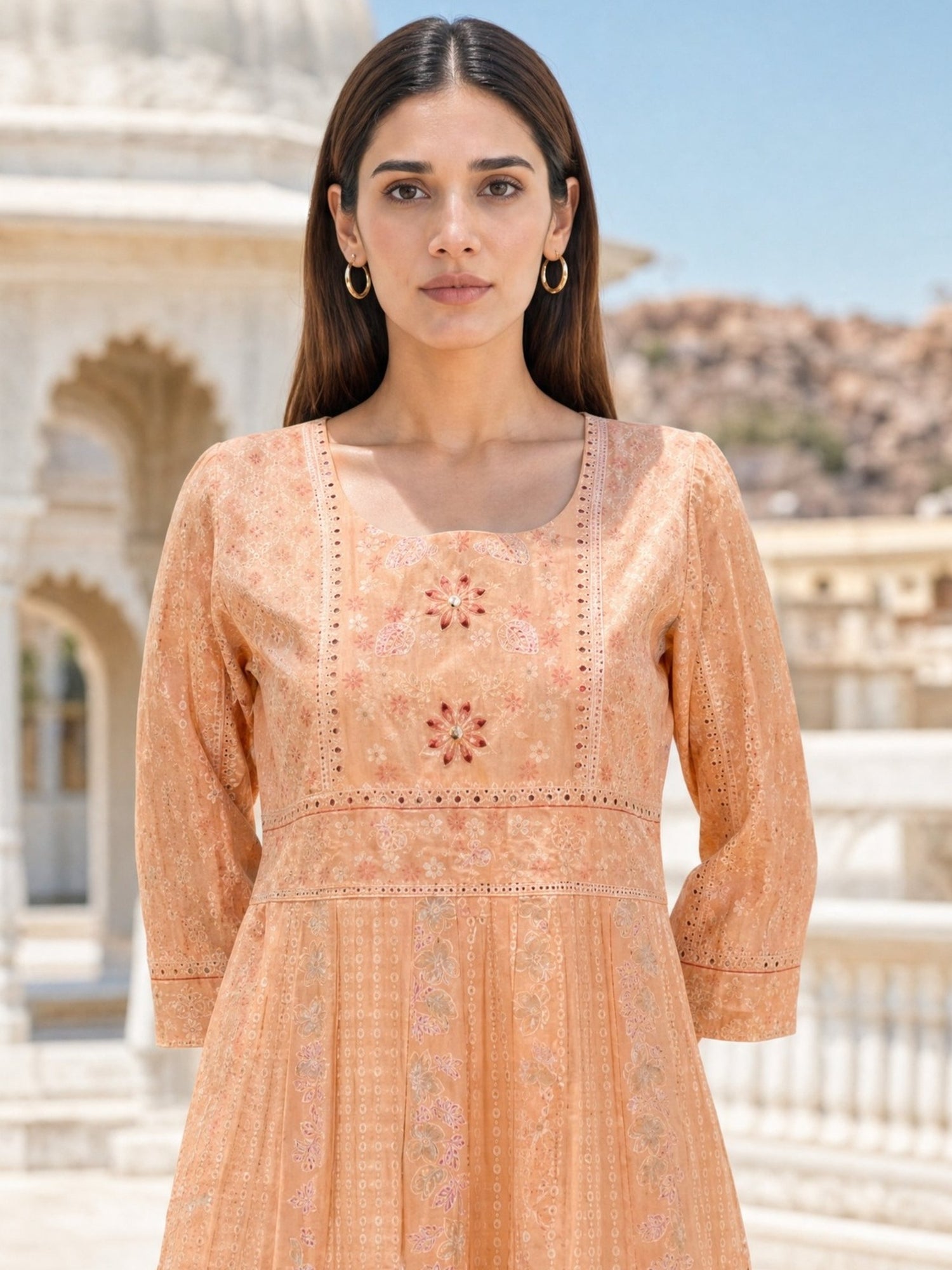 Cotton Embroidered Flared Calf Length Kurta