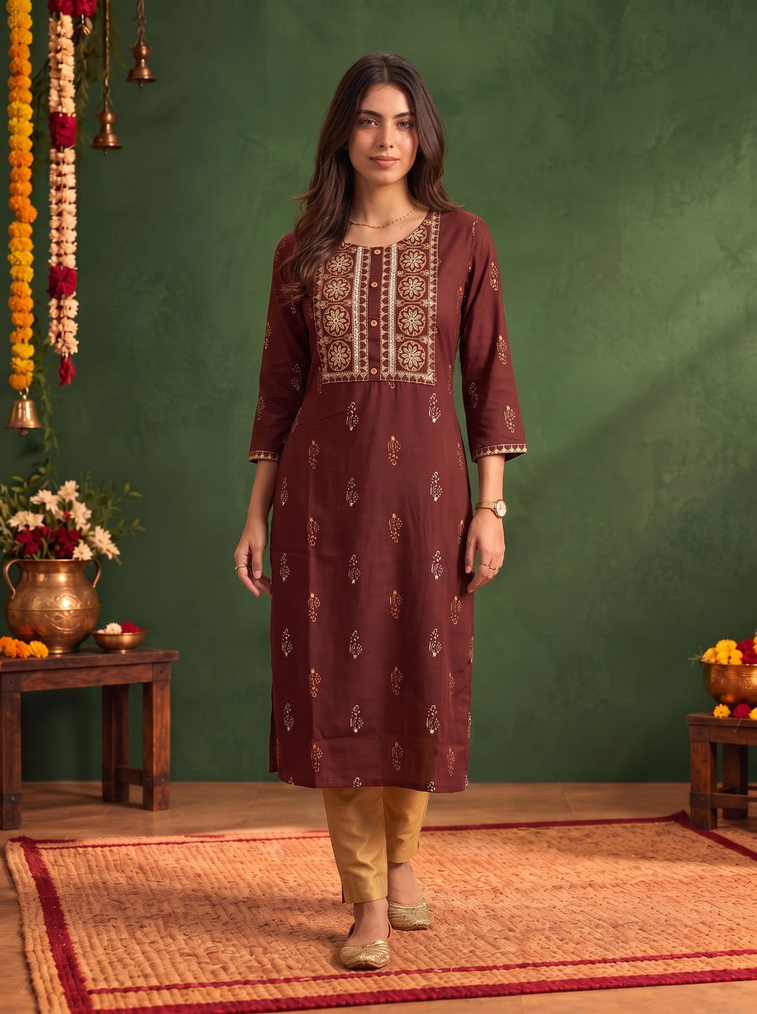 Buy Rayon Embroidered Straight Calf Length Kurta-Maroon