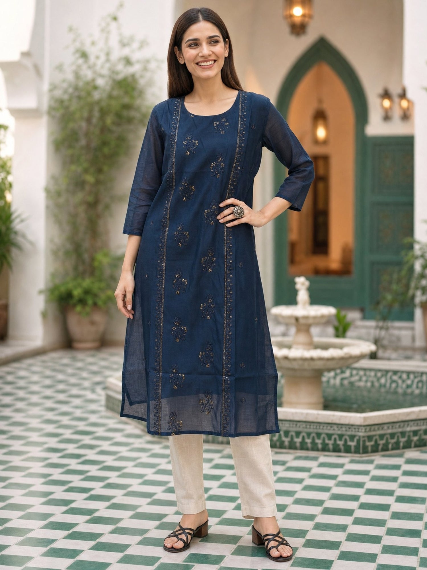 Chanderi Embroidered A-Line Calf Length Kurta