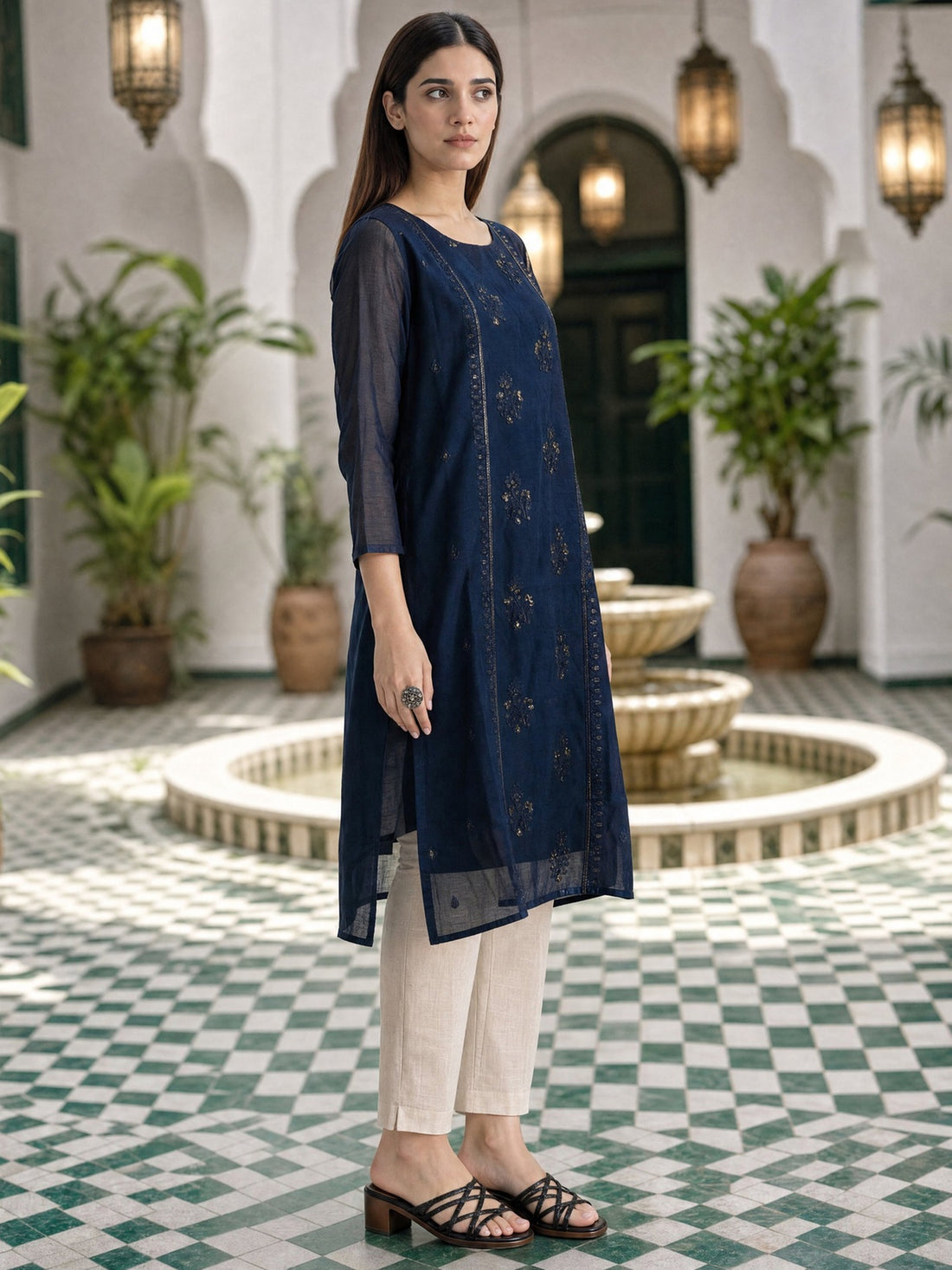 Buy Chanderi Embroidered A-Line Calf Length Kurta-Navy Blue