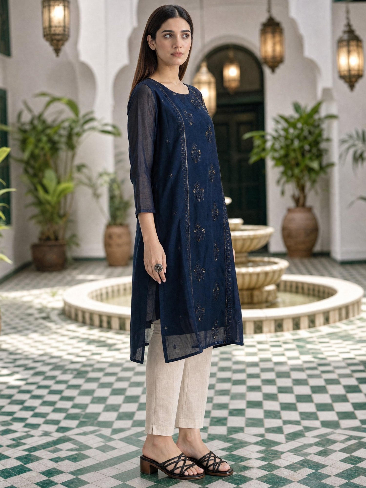 Buy Chanderi Embroidered A-Line Calf Length Kurta-Navy Blue