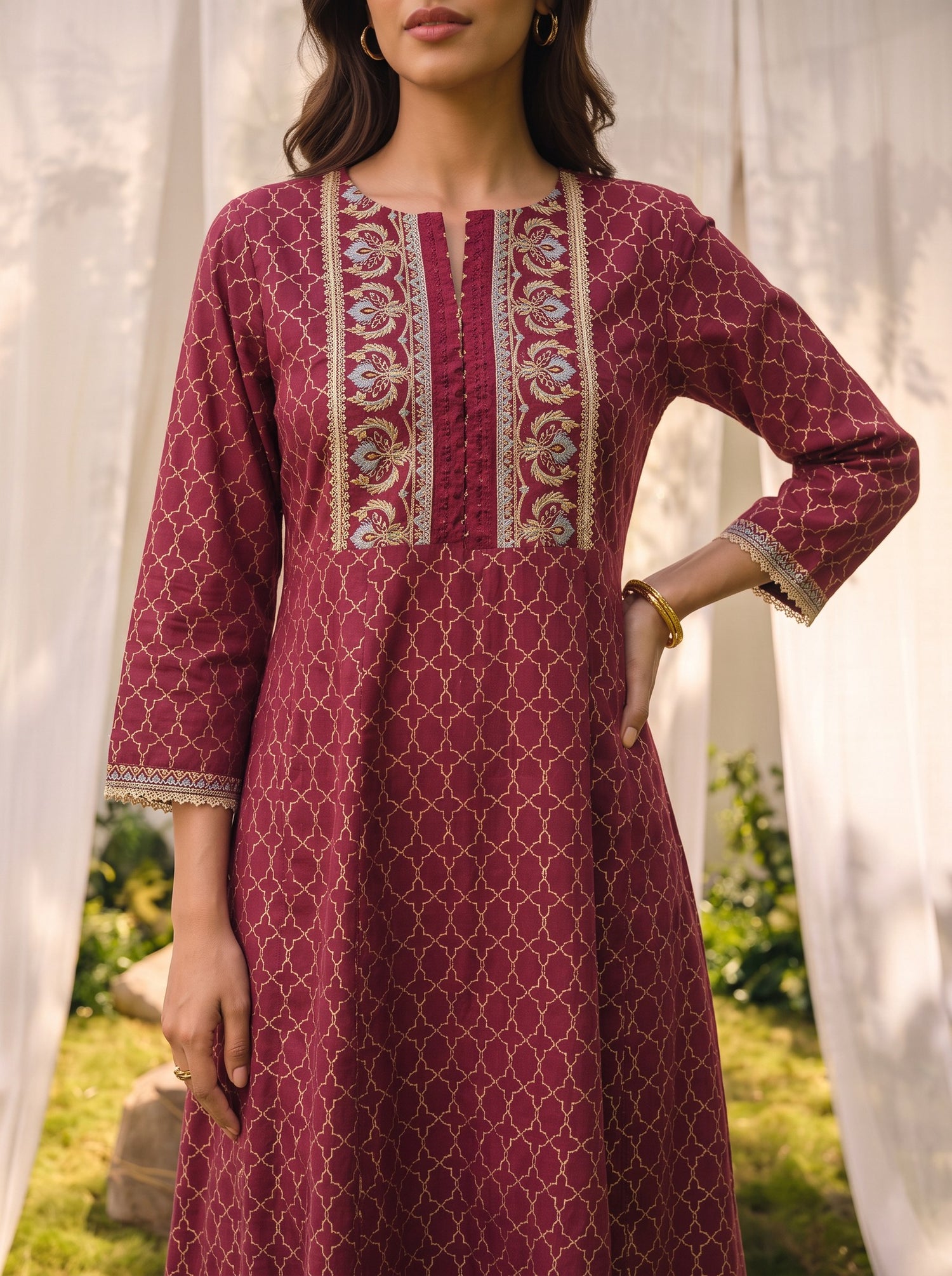 Buy Viscose Embroidered Straight Calf Length Kurta-Maroon