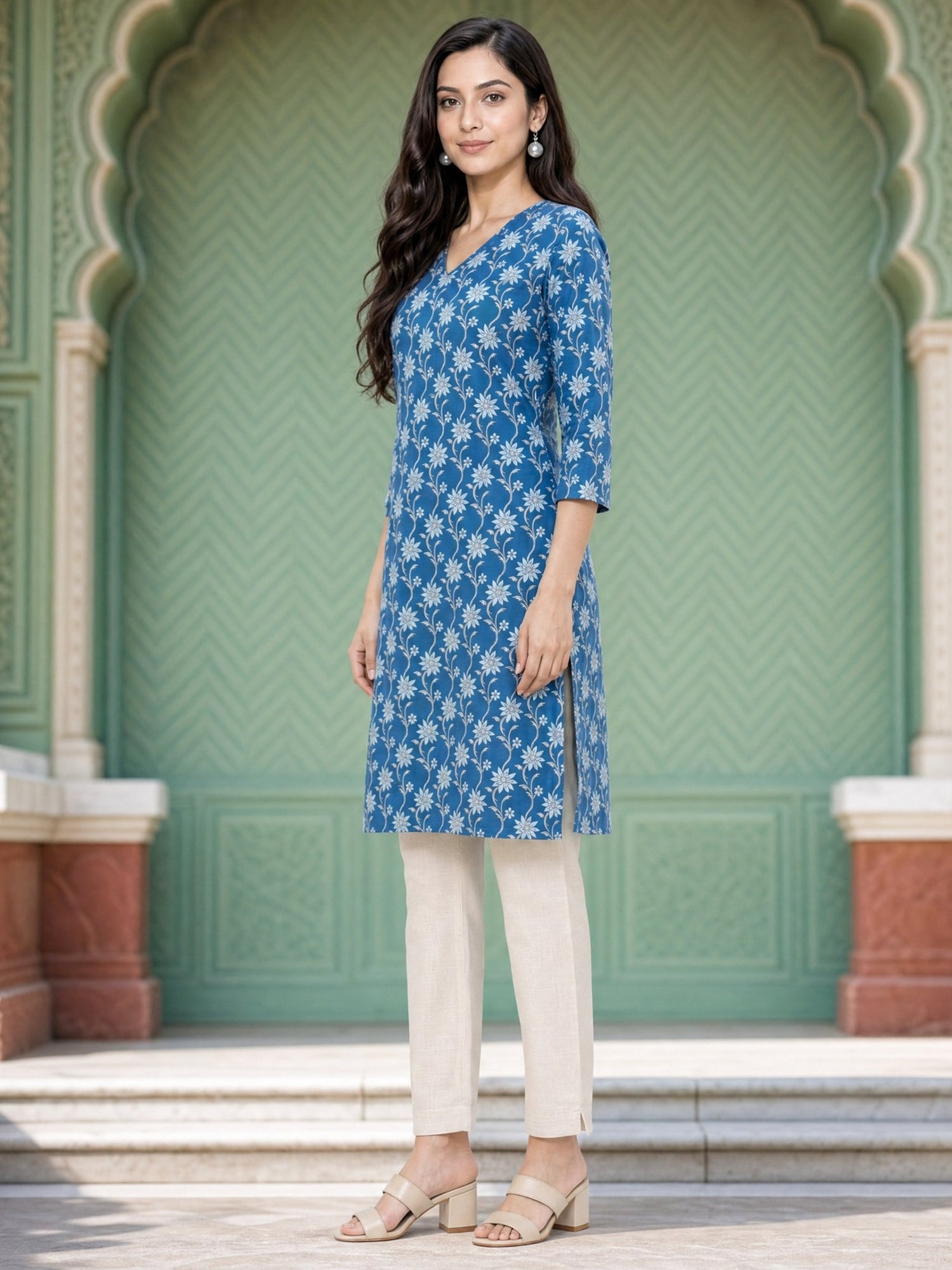 Buy Rayon Printed Straight Knee Length Kurta-Blue