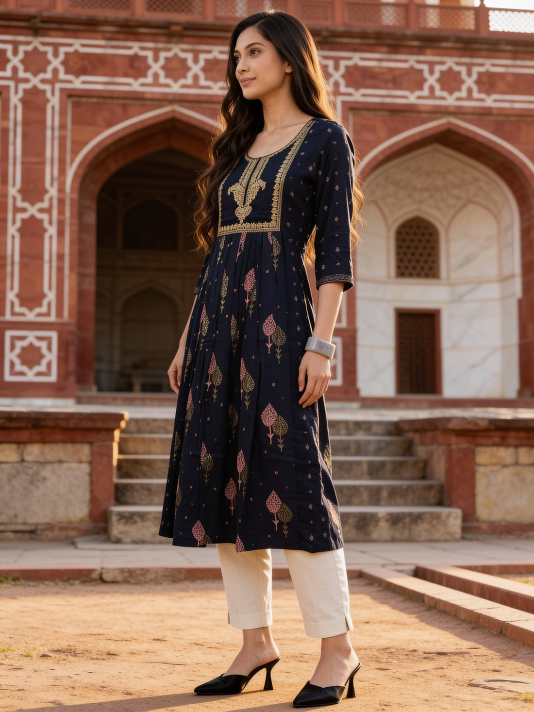 Buy Viscose Embroidered Anarkali Calf Length Kurta-Navy Blue