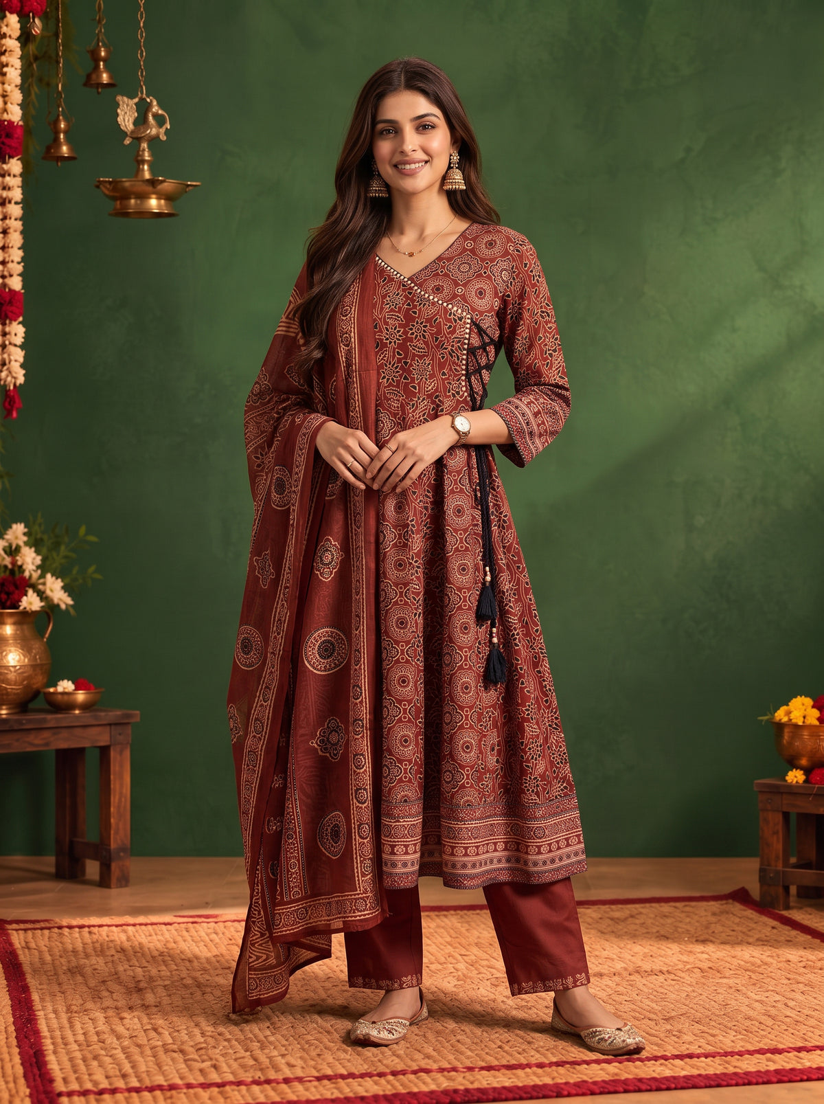 Buy Cotton Printed Flared Calf Length Kurta With Pant and Dupatta-Rust