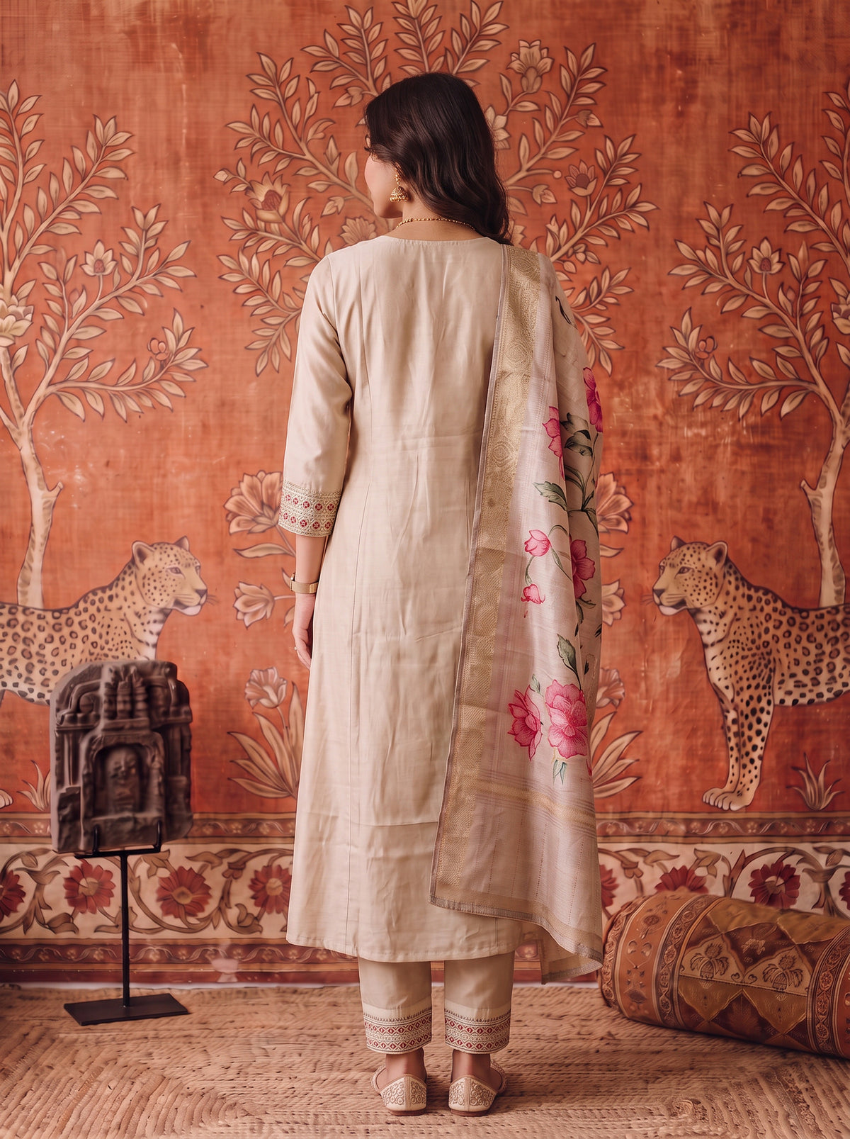 Buy Viscose Embroidered Flared Calf Length Kurta With Pant and Dupatta-Beige