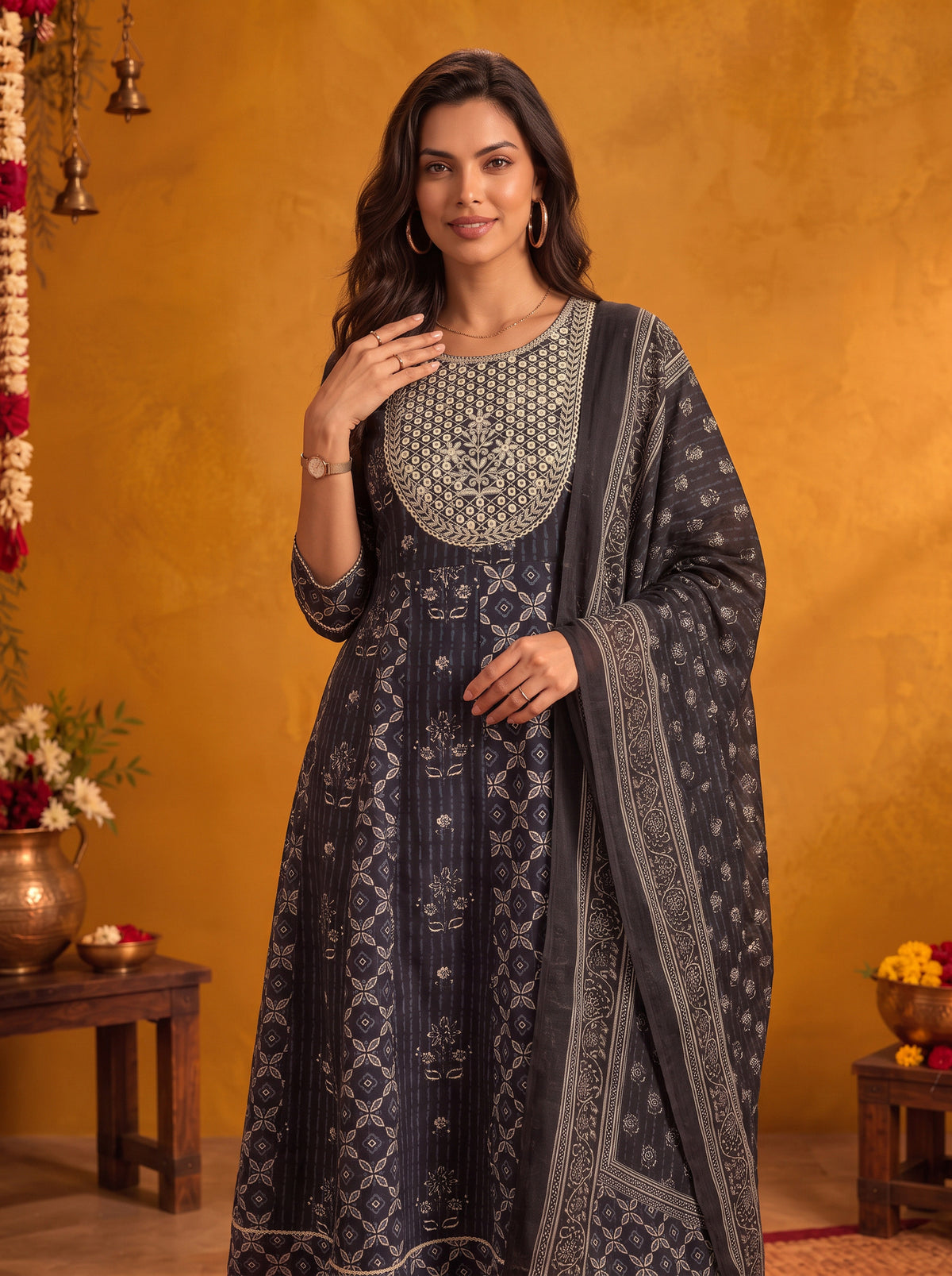 Cotton Embroidered Flared Calf Length Kurta With Pant and Dupatta