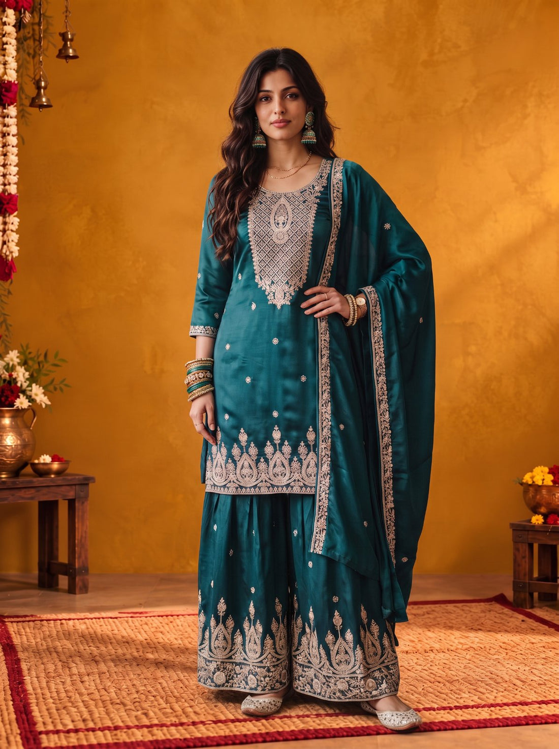 Buy Viscose Embroidered Straight Knee Length Kurta With Pant and Dupatta-Teal