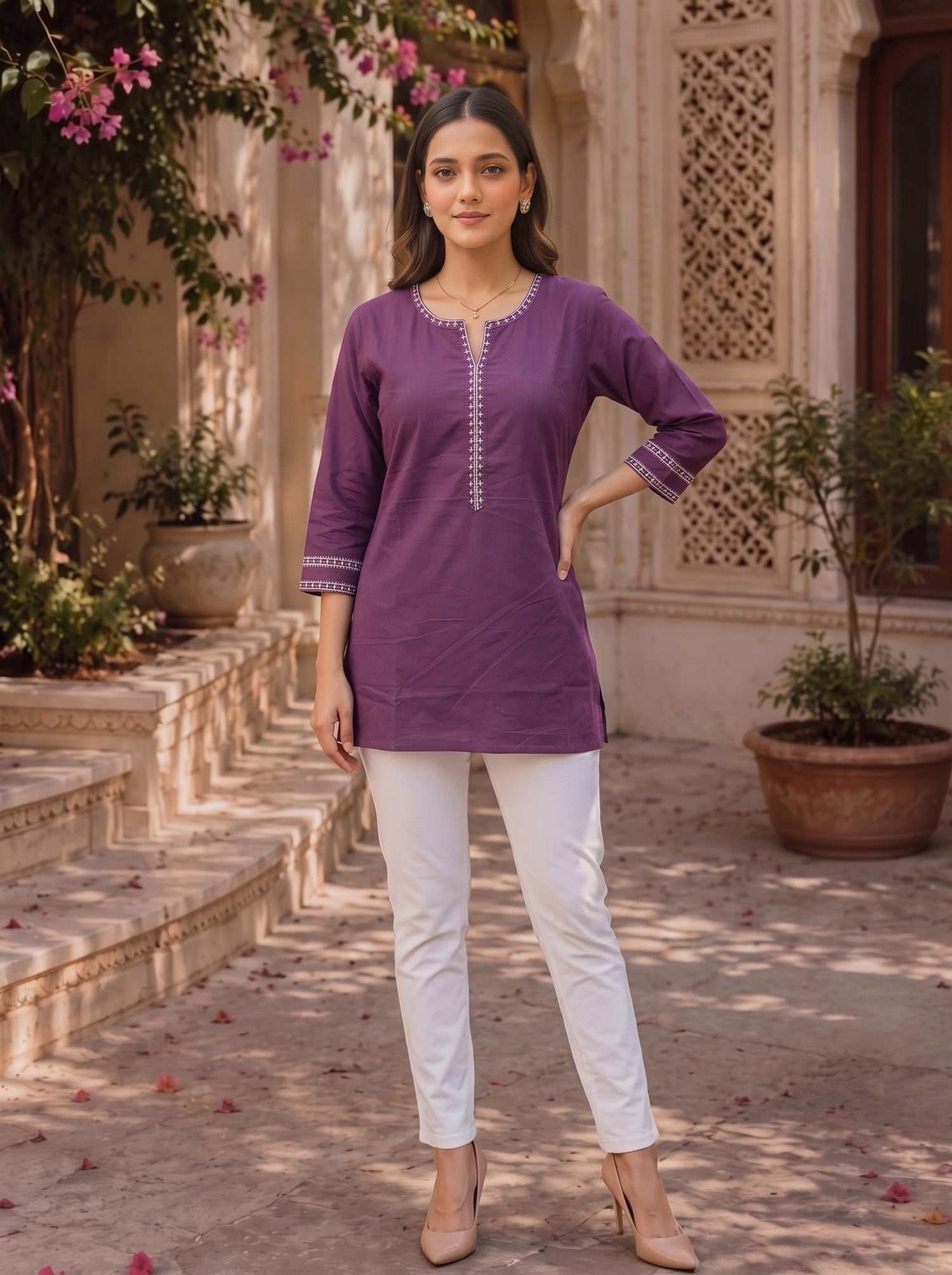 Buy Rayon Embroidered Straight Short Length Short Kurta-Mauve