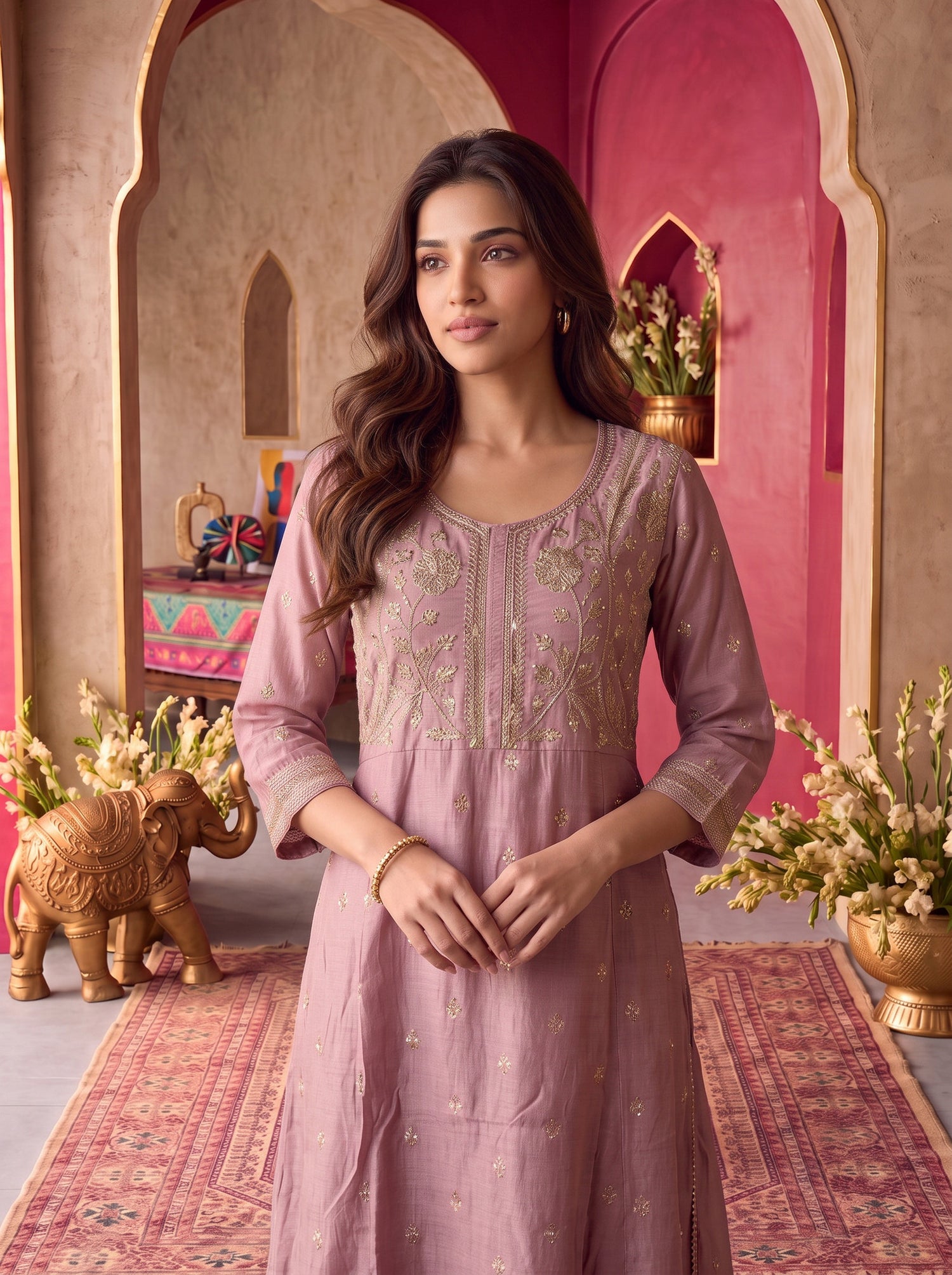 Buy Rayon Embroidered Straight Calf Length Kurta-Pink