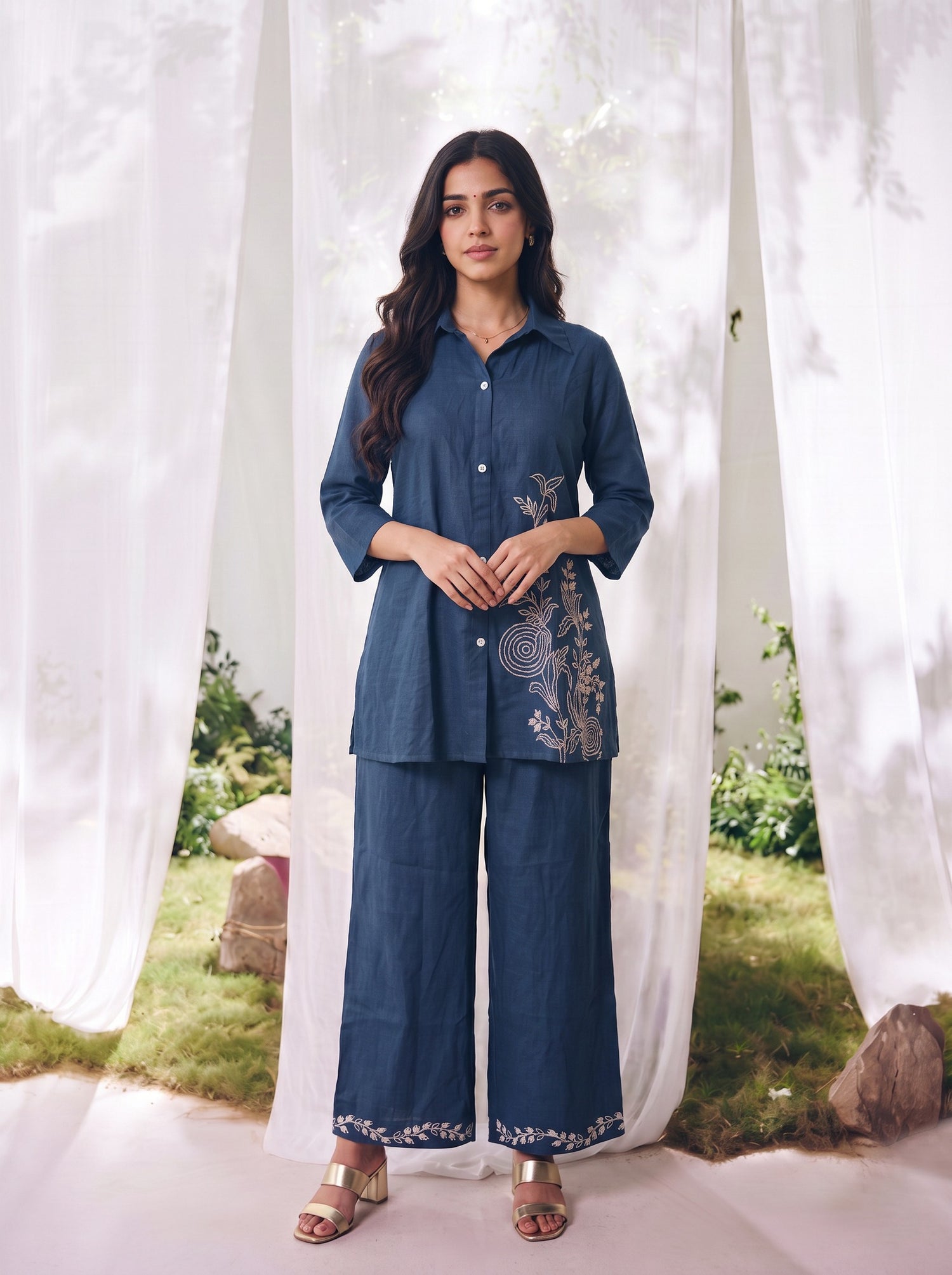 Buy Cotton Embroidered Straight Co-Ord Set-Blue