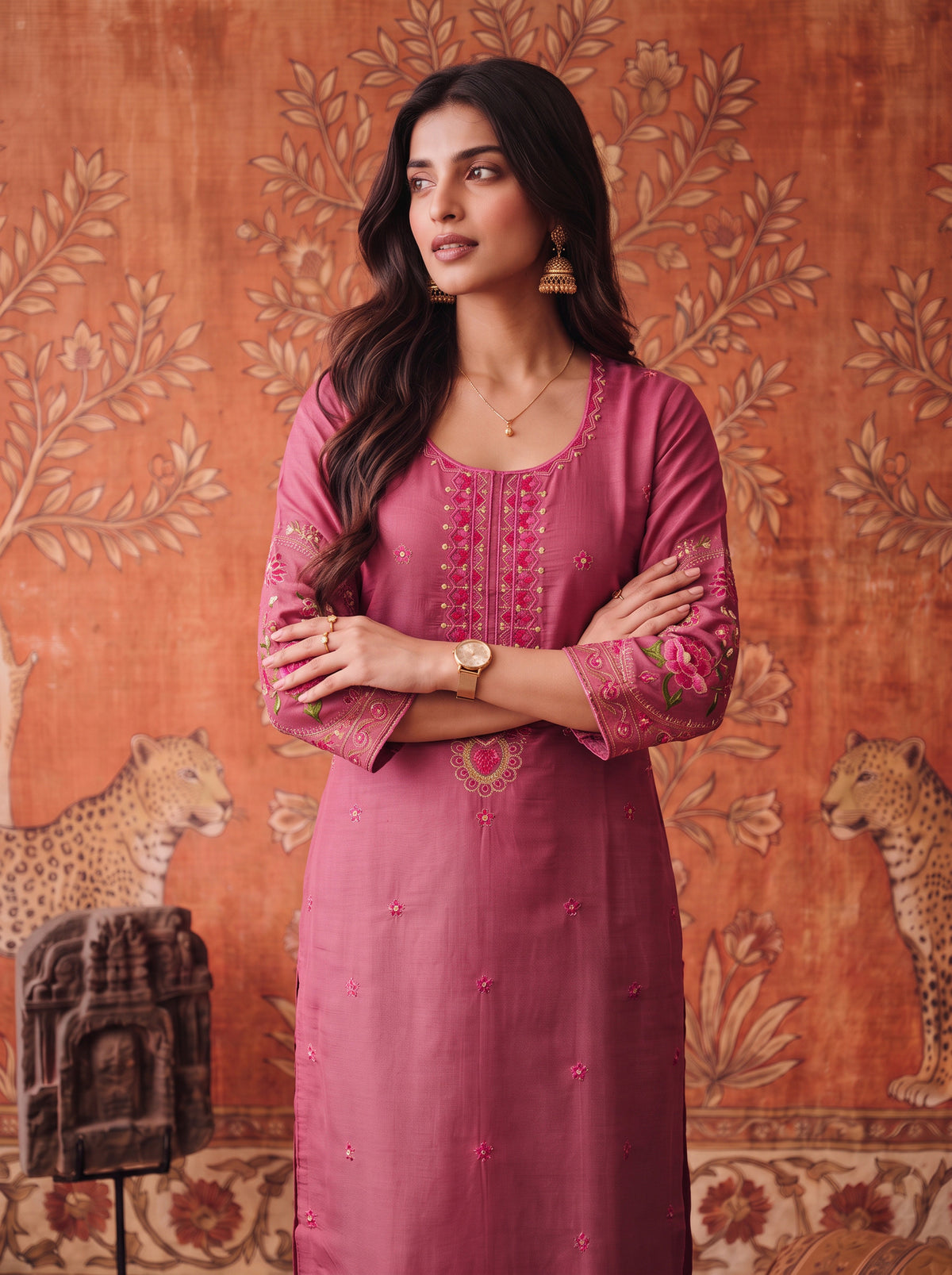 Buy Viscose Embroidered Straight Calf Length Kurta-Pink