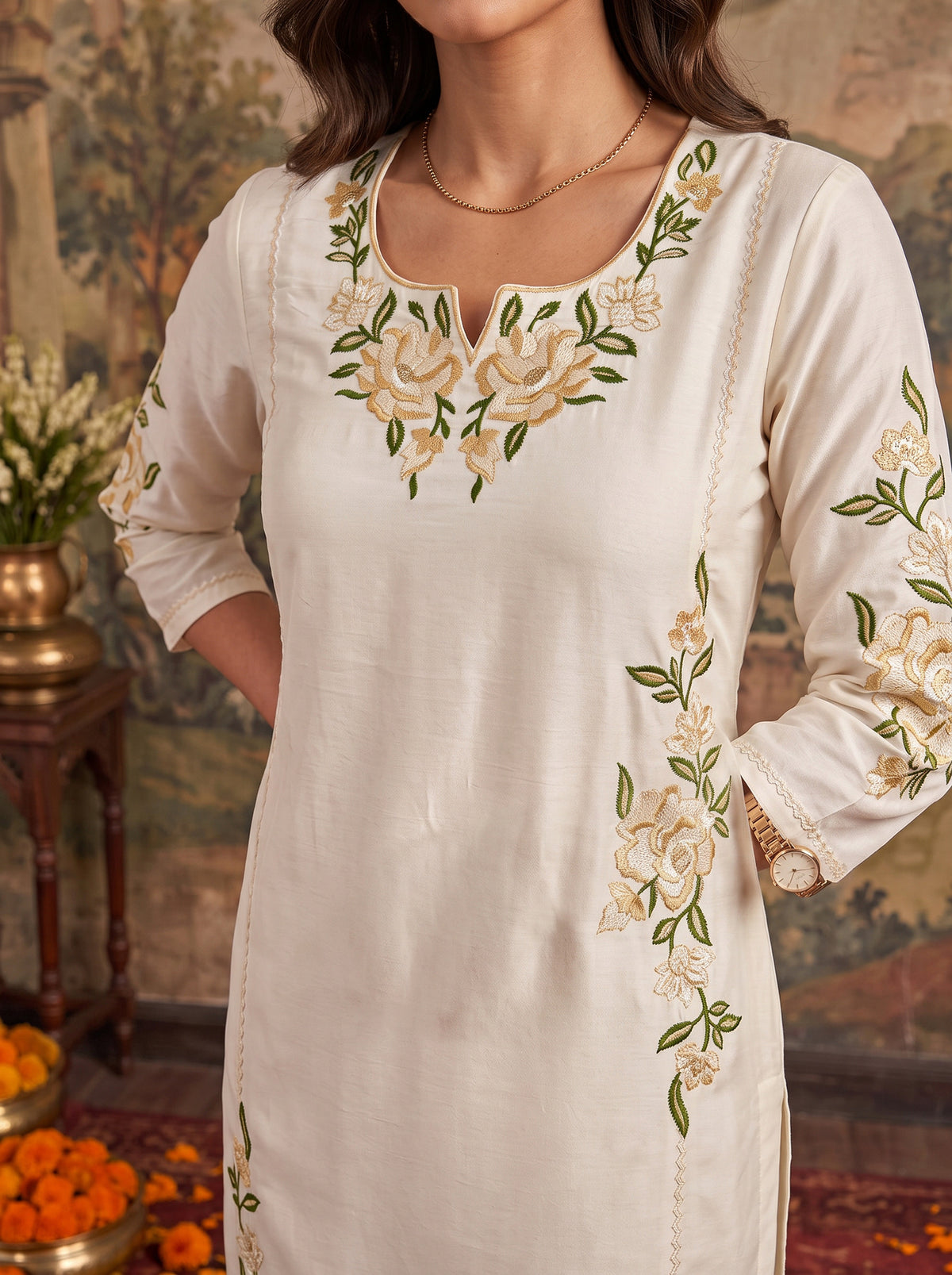 Buy Viscose Embroidered Straight Calf Length Kurta-Cream