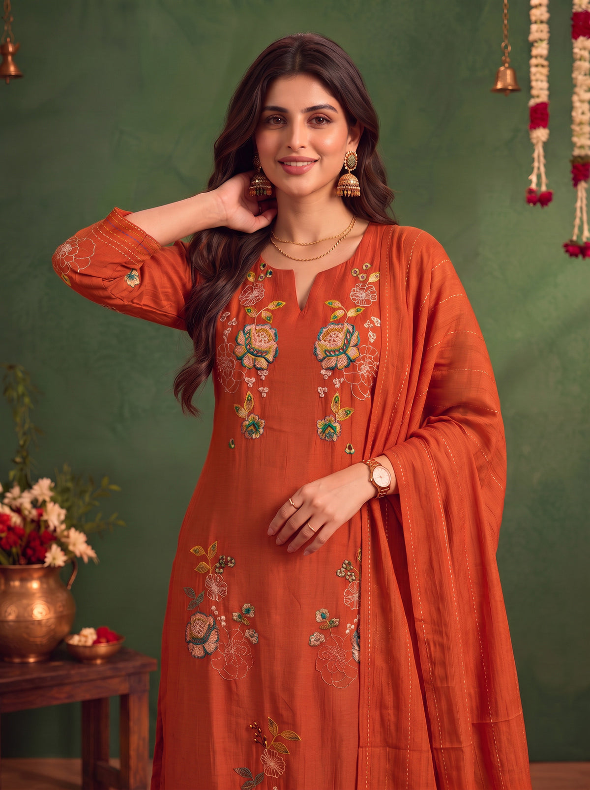 Viscose Embroidered A-Line Calf Length Kurta With Pant and Dupatta