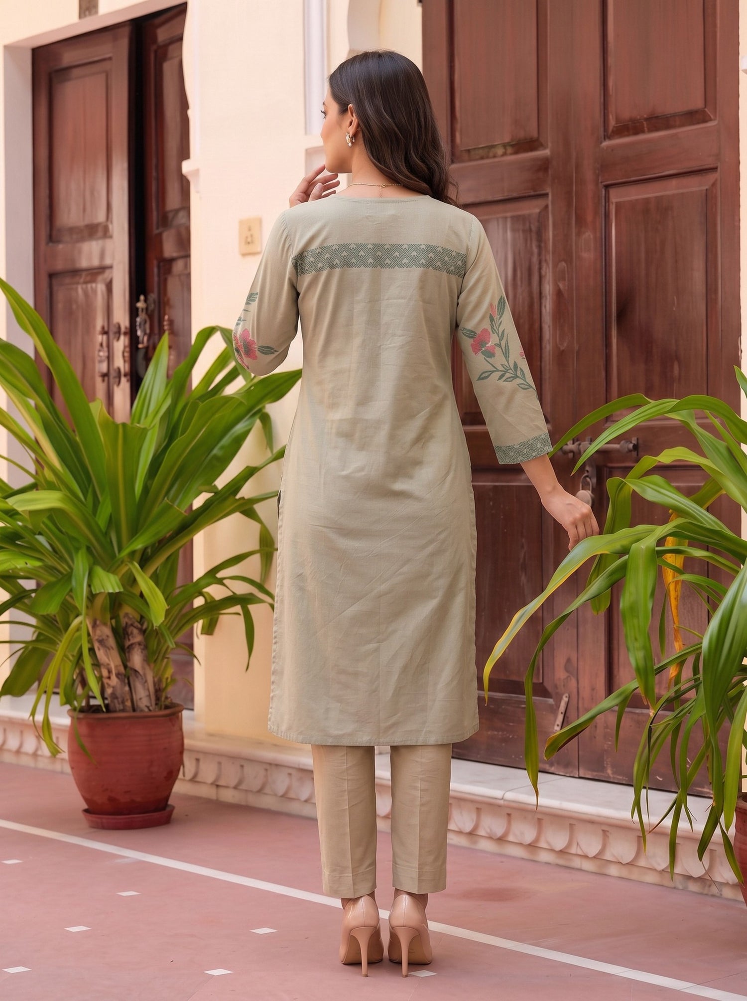 Buy Cotton Embroidered Straight Calf Length Kurta-Green