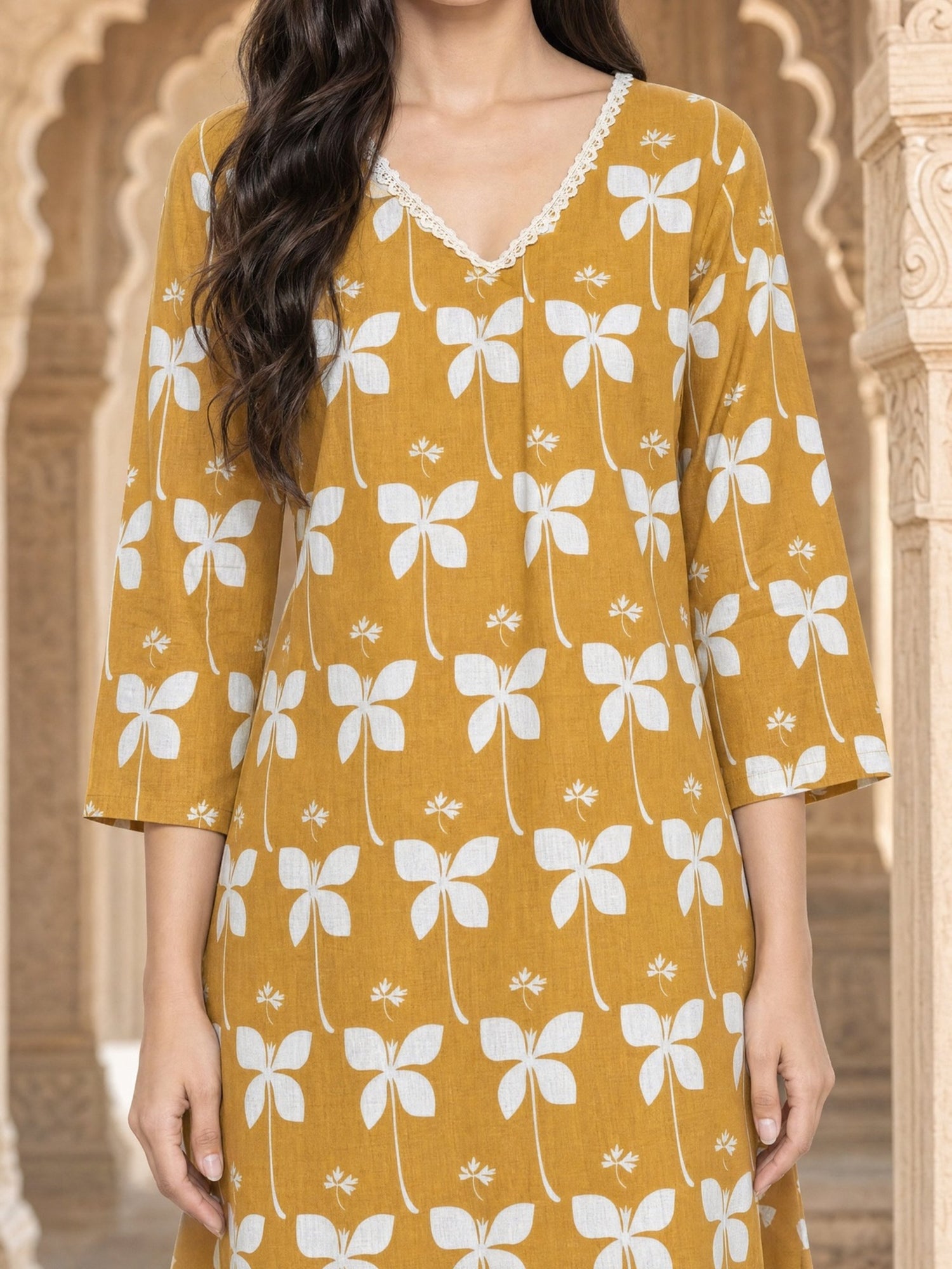Buy Cotton Printed Straight Knee Length Kurta-Mustard