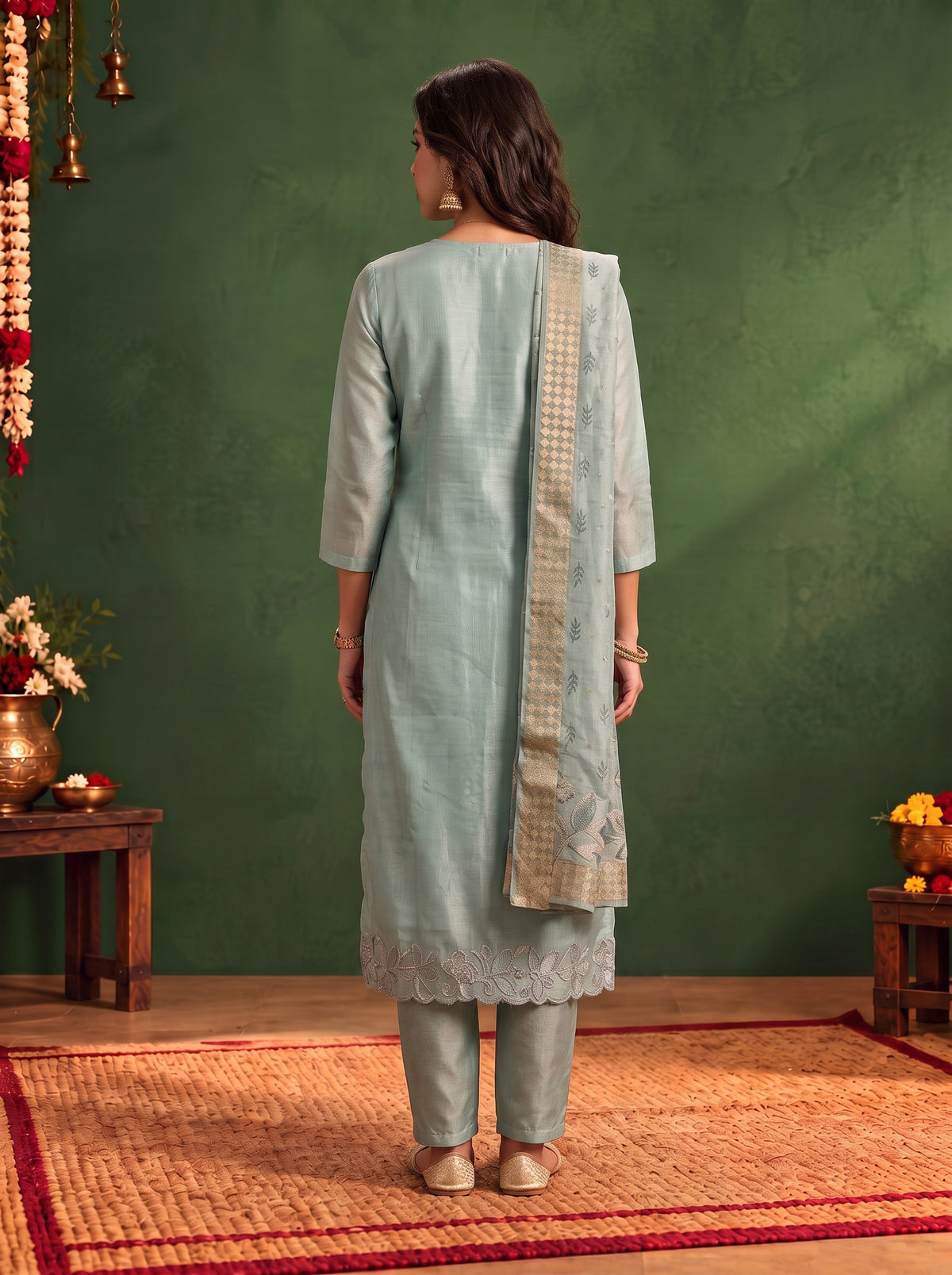 Viscose Embroidered Straight Calf Length Kurta With Pant and Dupatta