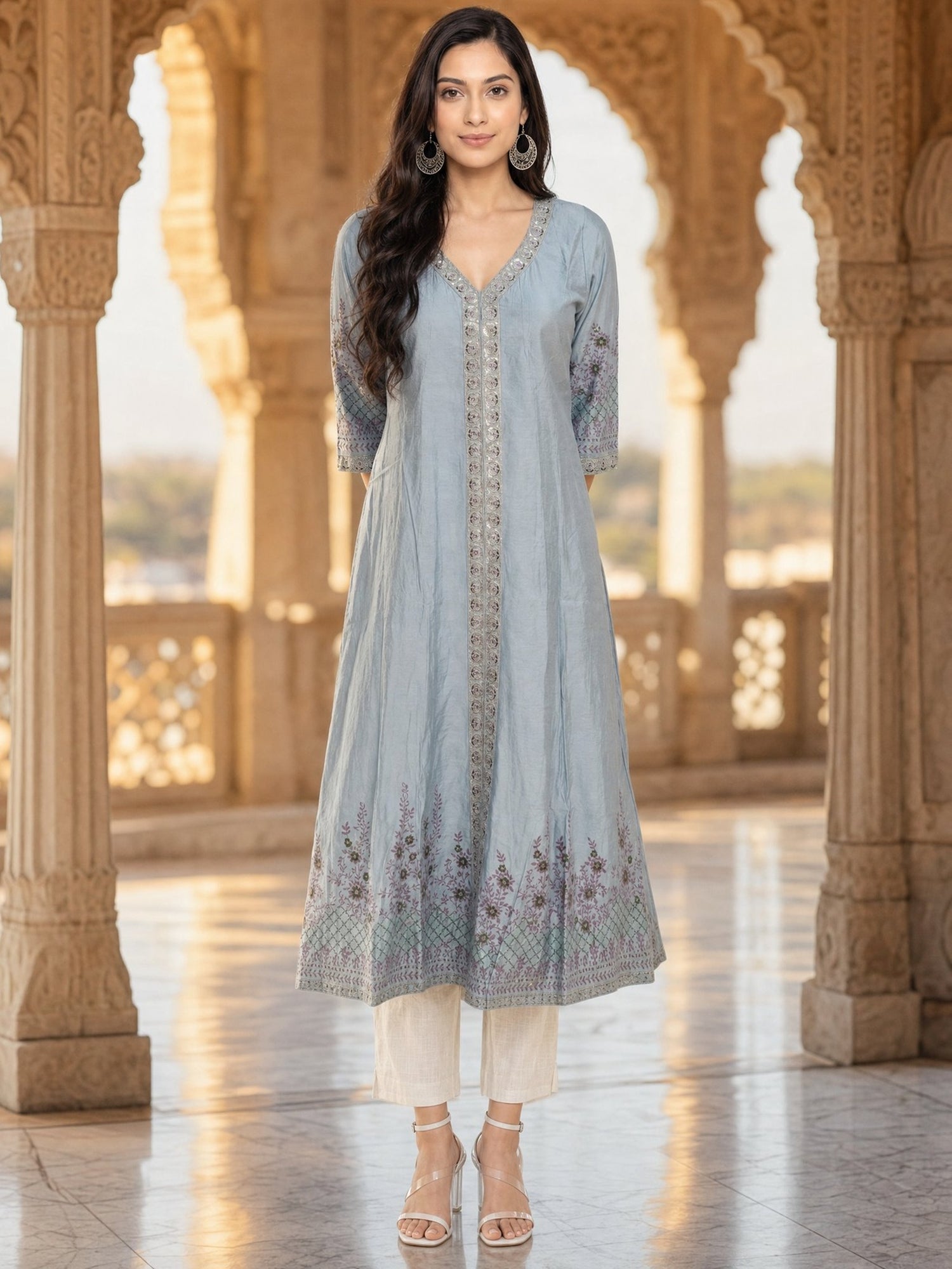 Viscose Embroidered Flared Calf Length Kurta