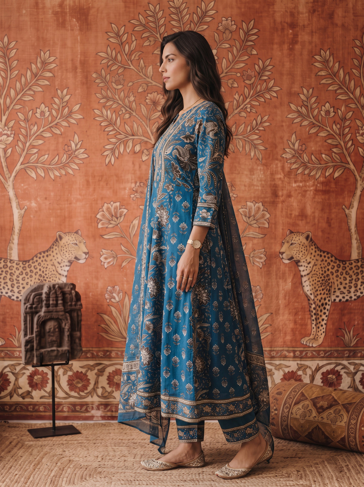 Buy Cotton Printed Flared Calf Length Kurta With Pant and Dupatta-Teal Blue