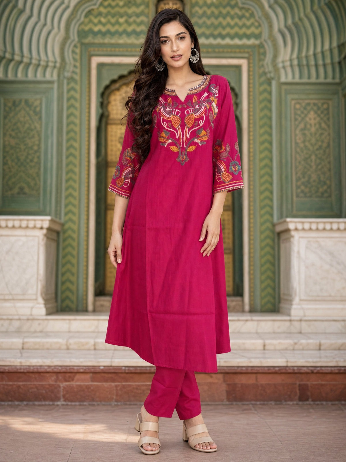 Buy Viscose Embroidered Anarkali Calf Length Kurta With Pant-Pink