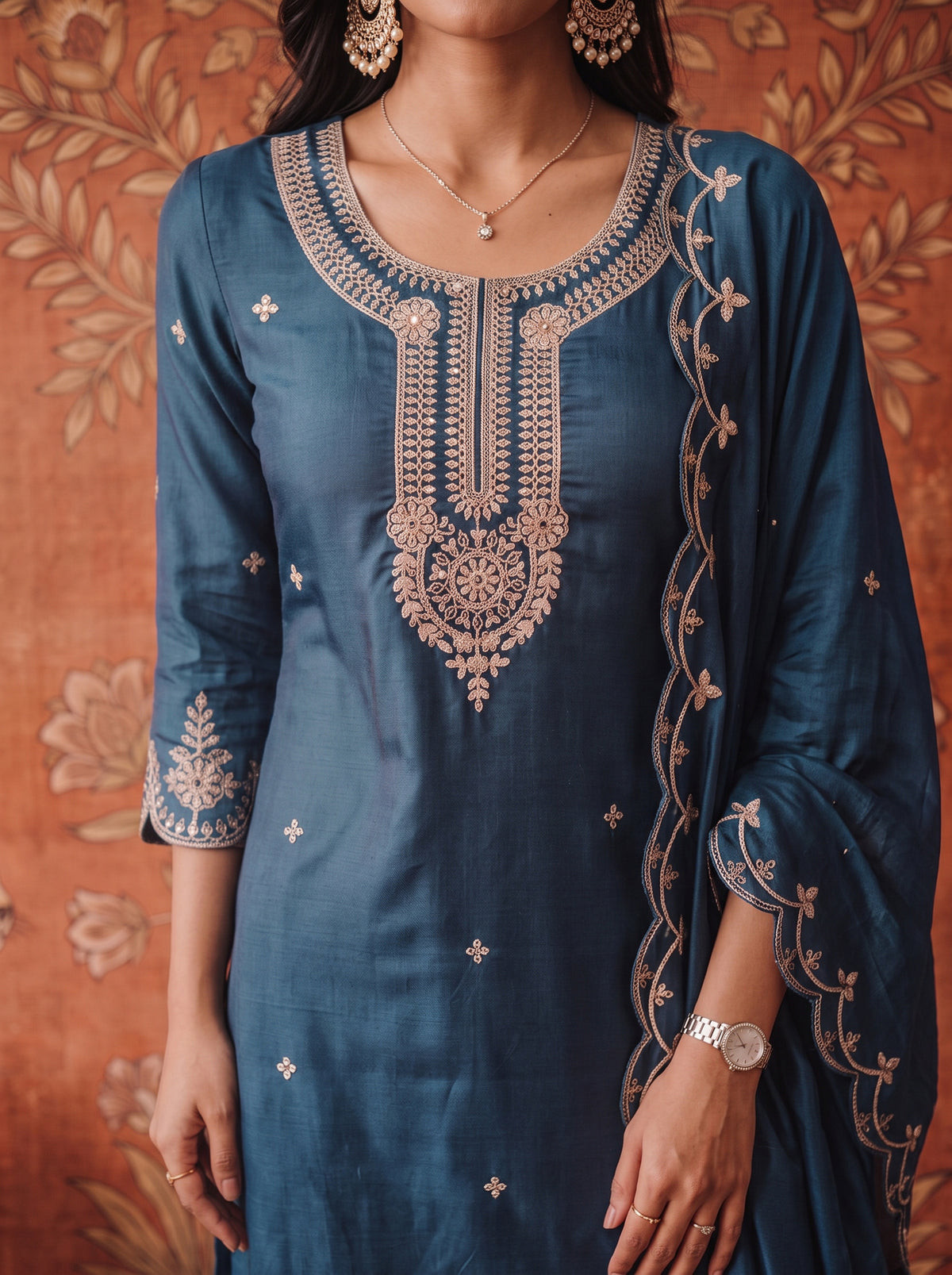 Viscose Embroidered Straight Knee Length Kurta With Pant and Dupatta