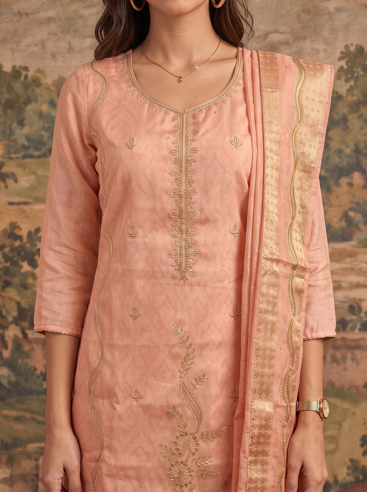 Buy Viscose Embroidered Straight Calf Length Kurta With Pant and Dupatta-Orange