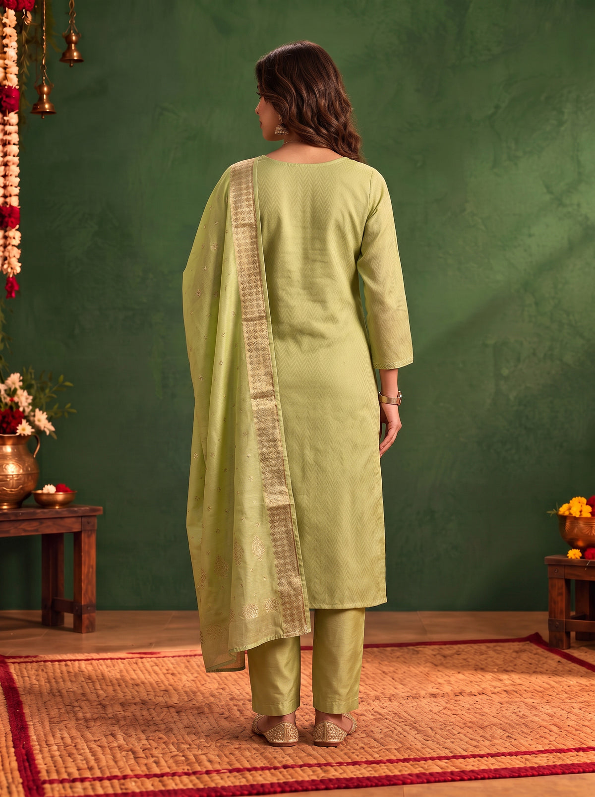Buy Viscose Embroidered Straight Calf Length Kurta With Pant and Dupatta-Pista Green