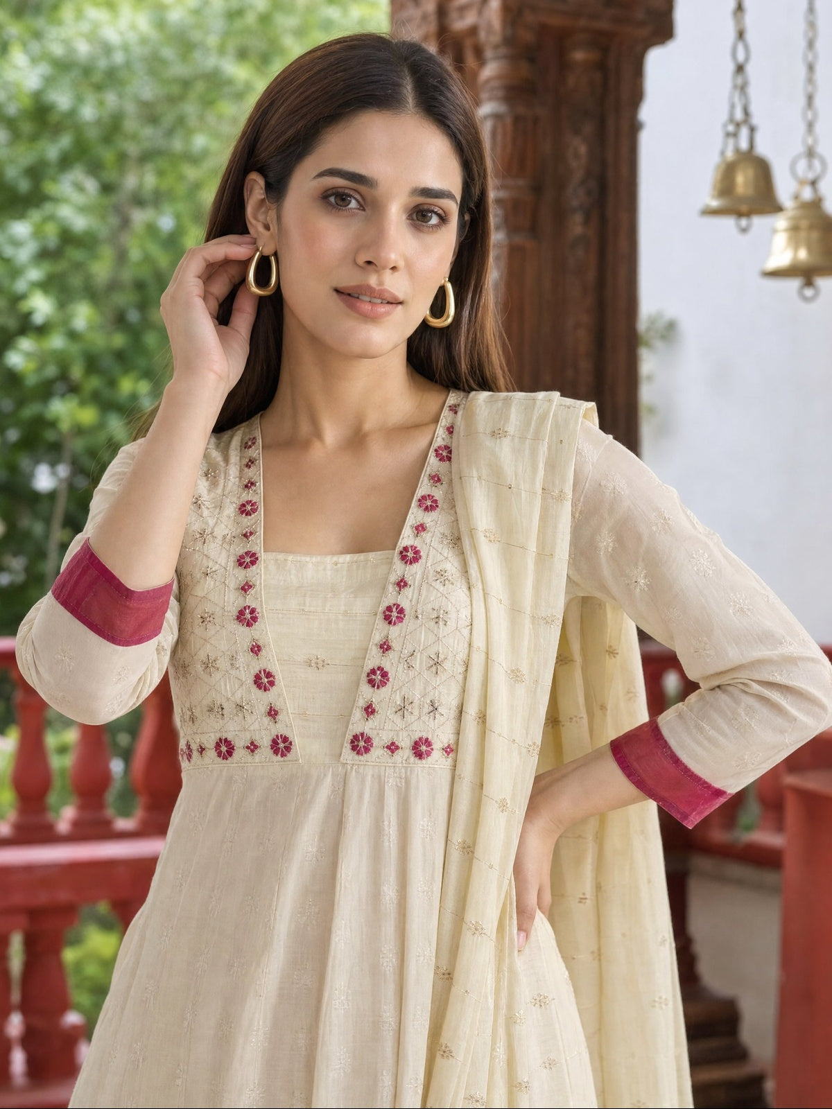 Viscose Embroidered Anarkali Calf Length Kurta With Pant and Dupatta