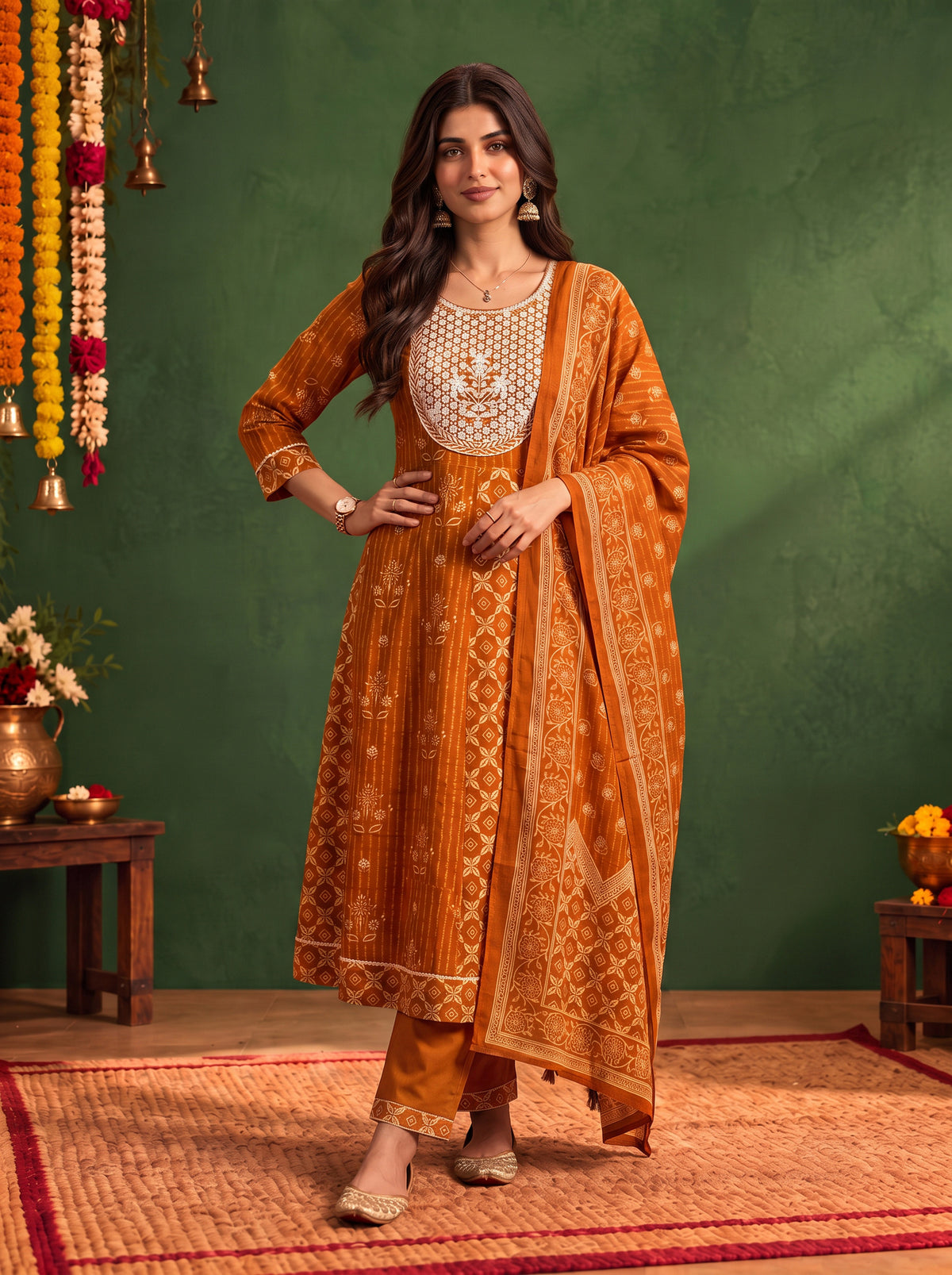 Buy Cotton Embroidered Flared Calf Length Kurta With Pant and Dupatta-Rust