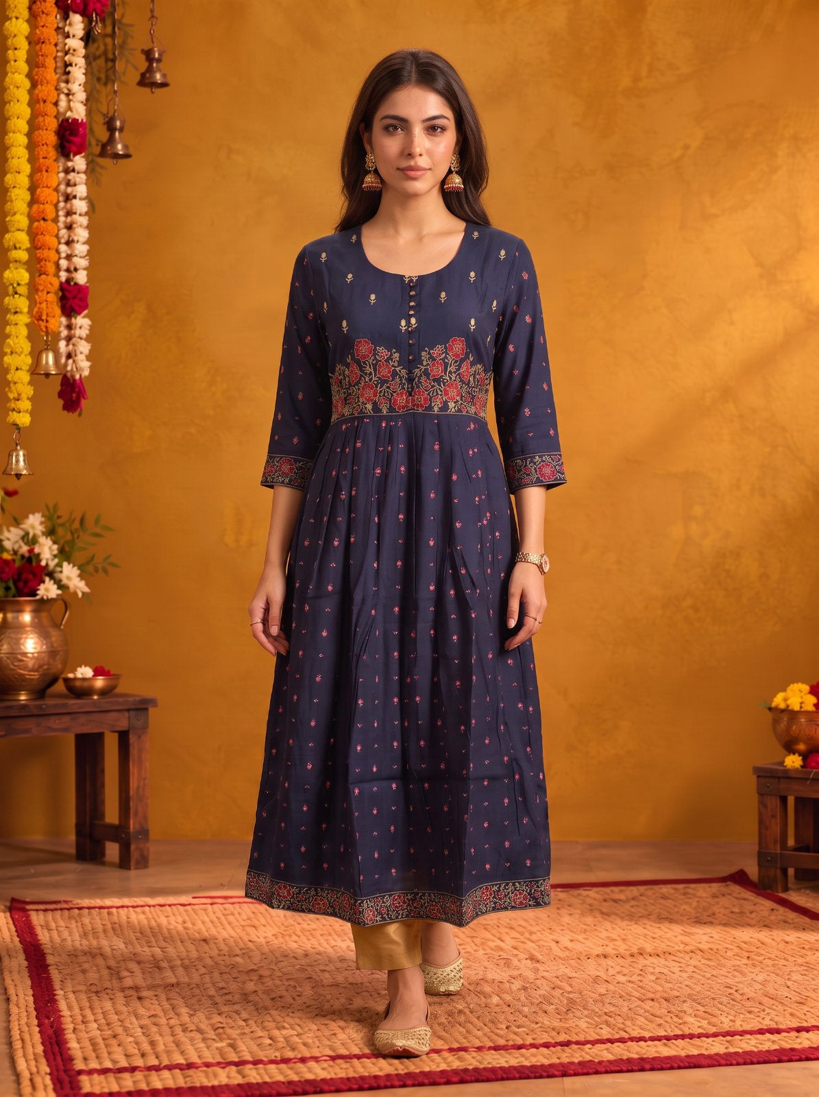 Viscose Embroidered Flared Calf Length Kurta
