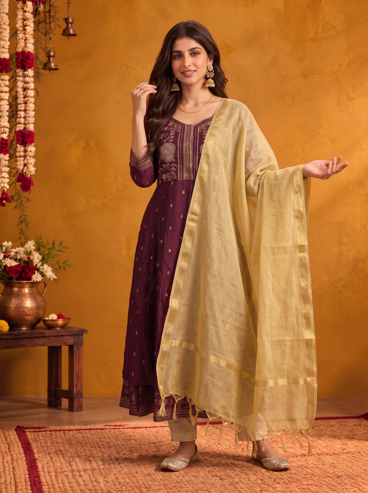 Viscose Embroidered Flared Calf Length Kurta With Pant and Dupatta