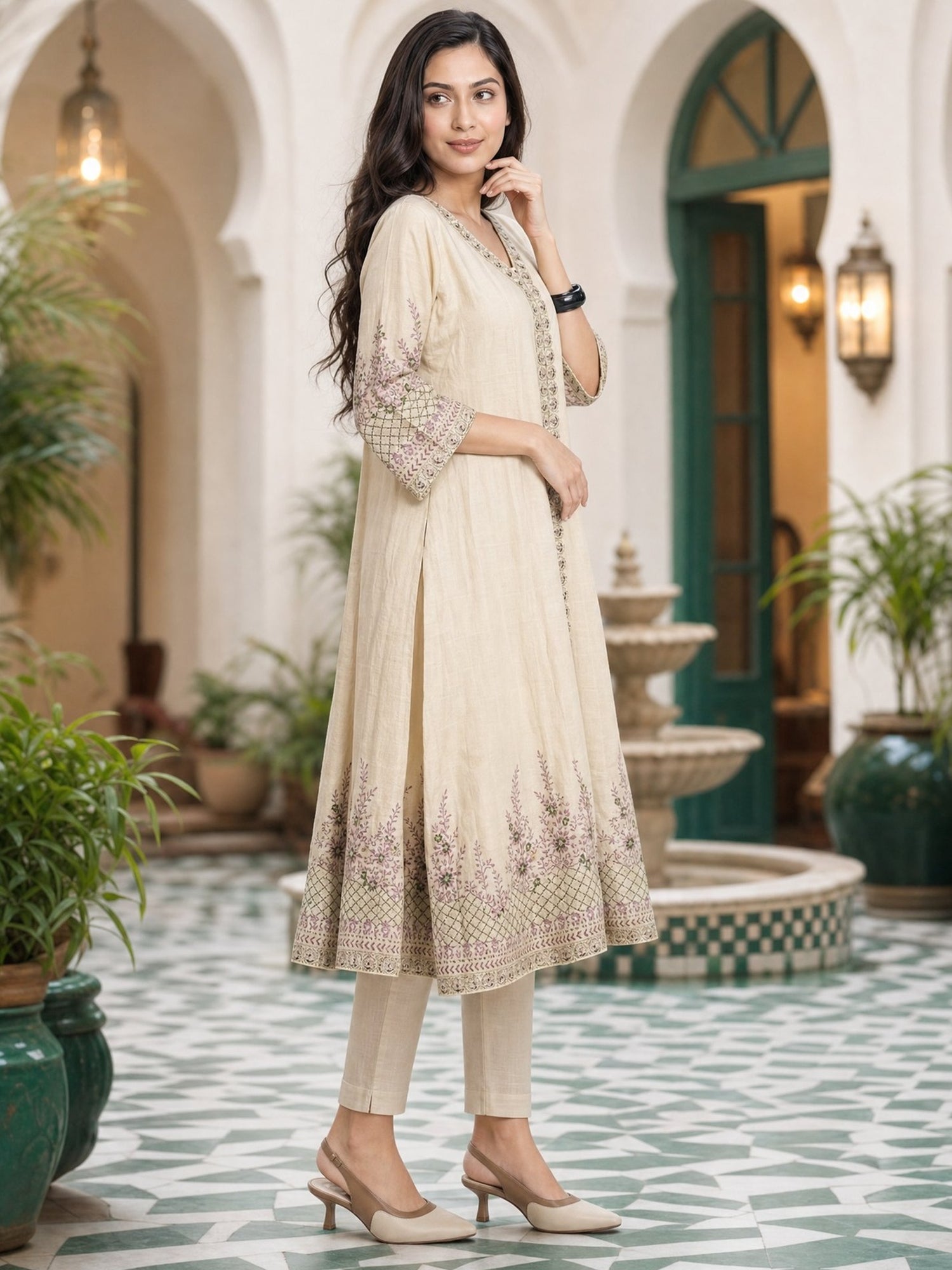 Buy Viscose Embroidered Flared Calf Length Kurta-Cream