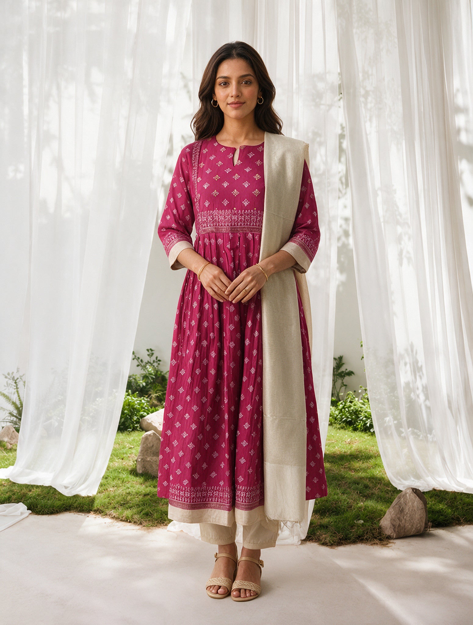 Viscose Printed Flared Calf Length Kurta With Pant and Dupatta