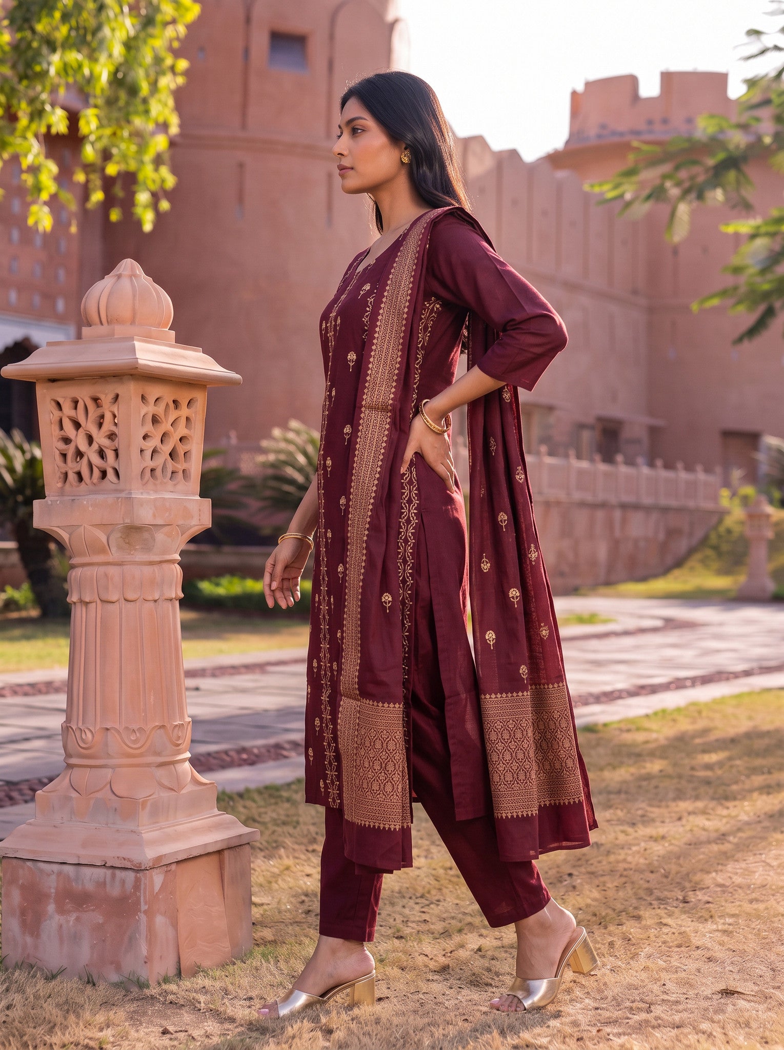 Viscose Embroidered Flared Calf Length Kurta With Pant and Dupatta
