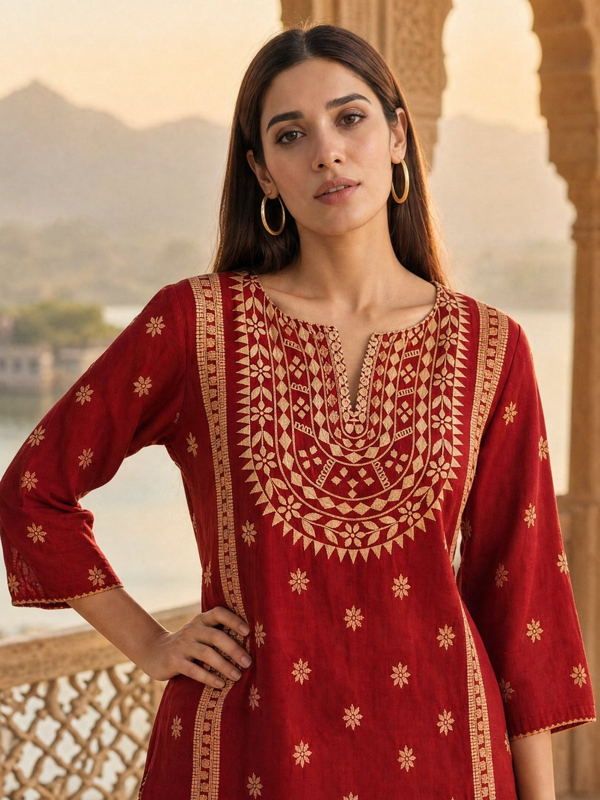 Buy Rayon Printed Straight Calf Length Kurta-Red