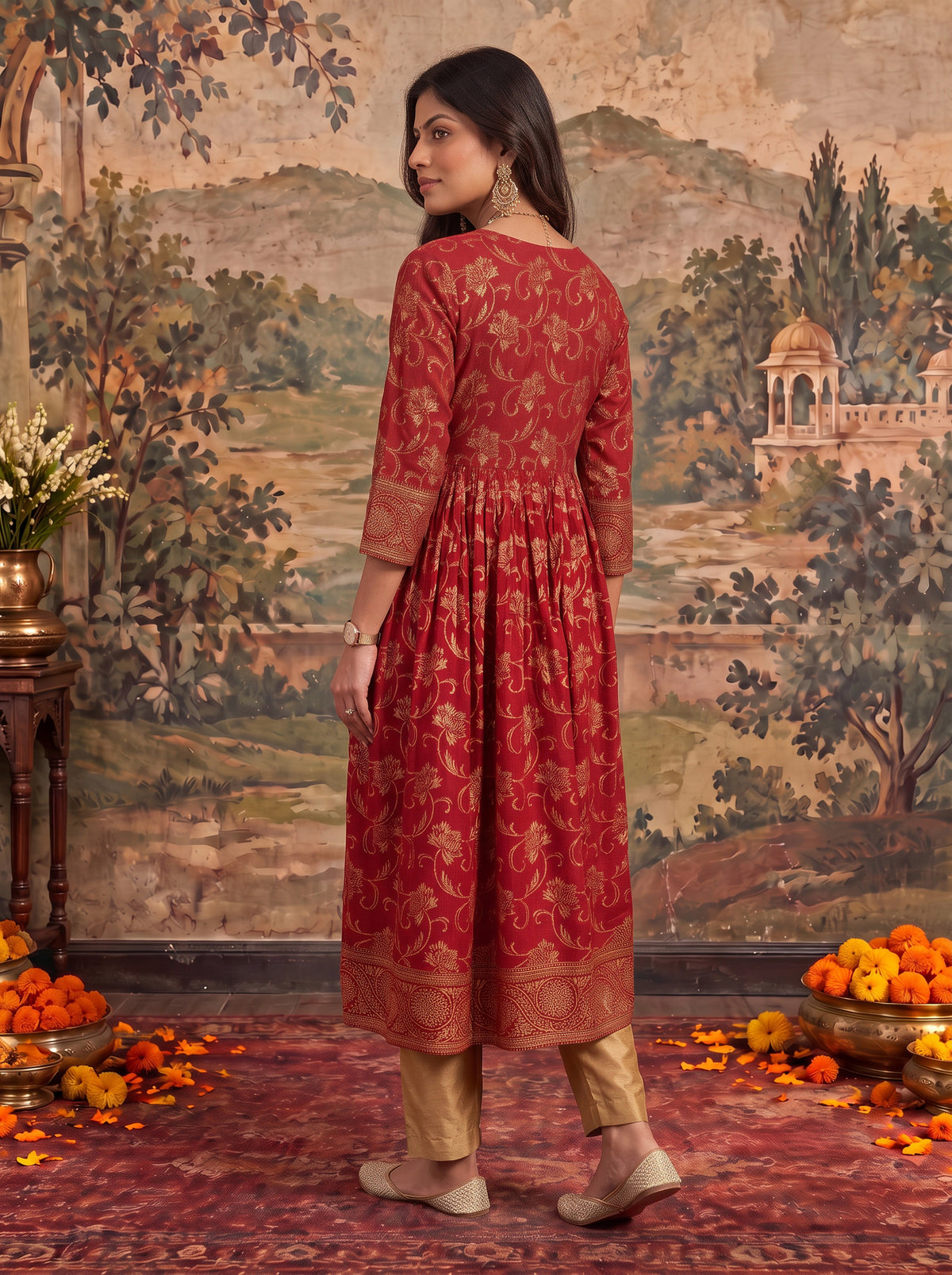 Buy Rayon Printed Flared Calf Length Kurta-Maroon