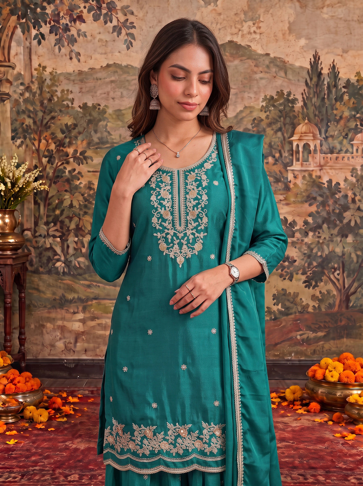 Viscose Embroidered Straight Knee Length Kurta With Pant and Dupatta