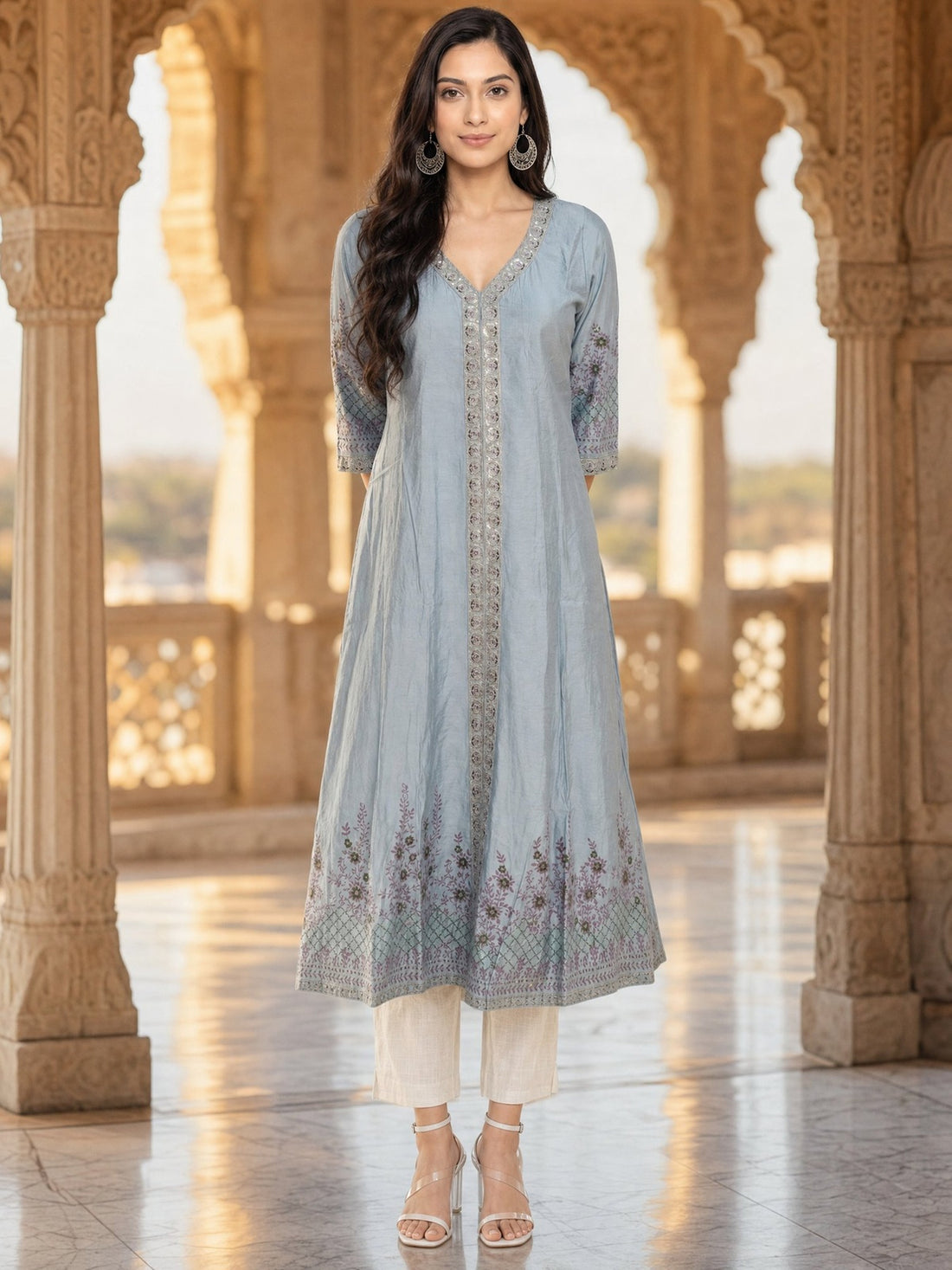 Buy Viscose Embroidered Flared Calf Length Kurta-Blue